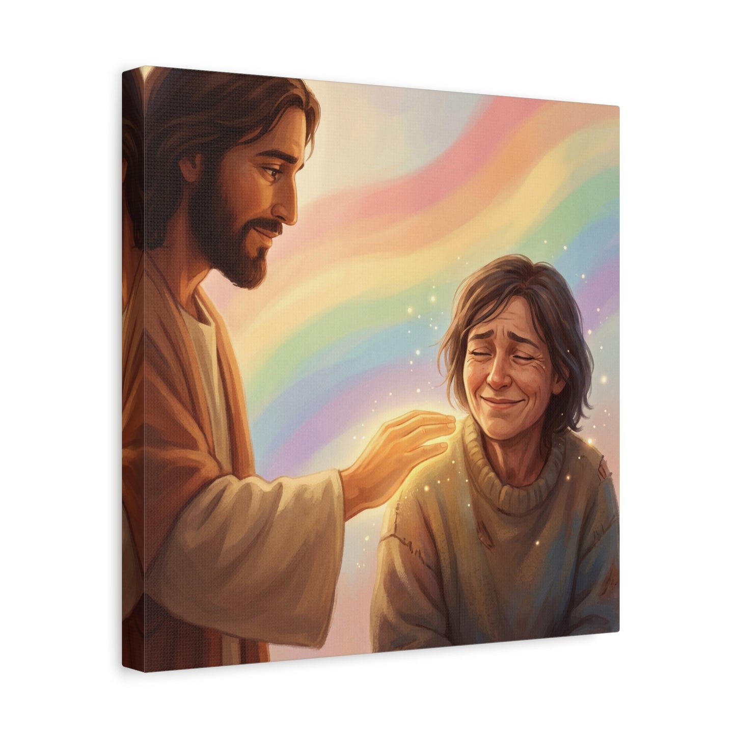 Jesus Christ Comforting Woman Canvas Wall Art - Rainbow Christian Wall Decor, Faith Home Decoration - Matte Canvas Print, Inspirational Religious Artwork - Living Room Bedroom Office - Ready to Hang