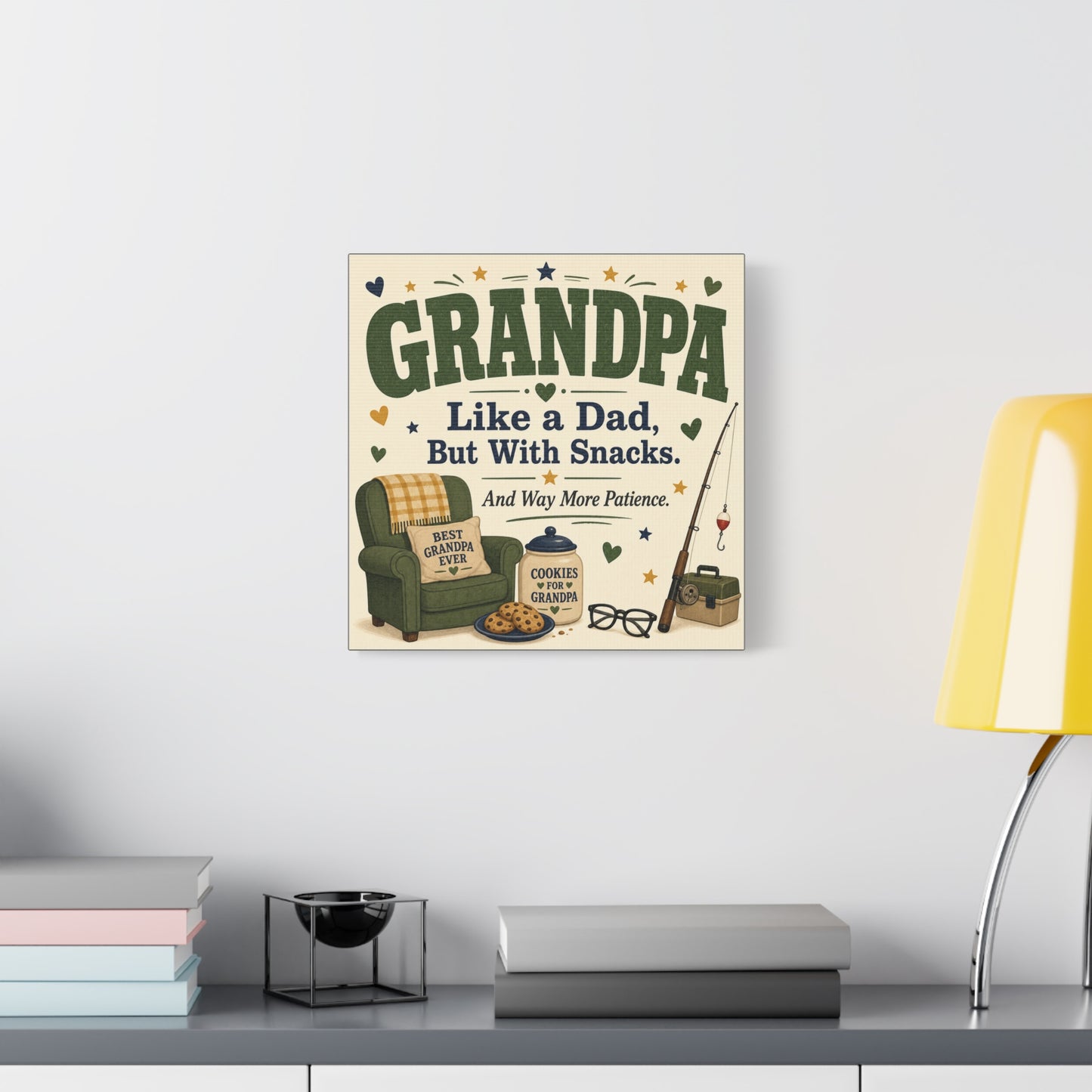 "Grandpa Like A Dad, But With Snacks. And Way More Patience." Canvas Wall Art - Rustic Typography Grandpa Quote Print, Farmhouse Living Room Decor - Office Wall Art - Bedroom Home Decoration