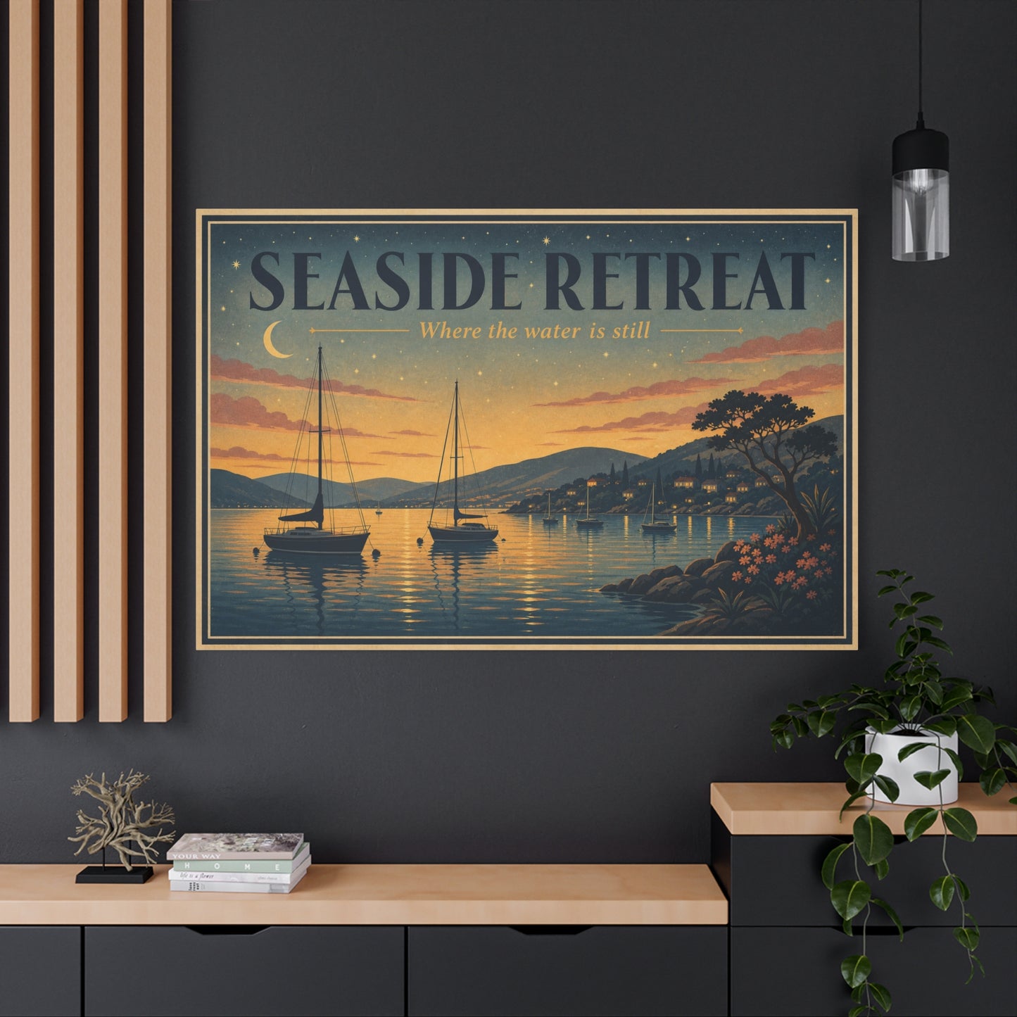 "Seaside Retreat Where The Water Is Still" Coastal Canvas Wall Art - Vintage Sailboat Harbor Sunset Print, Nautical Seascape Decor - Living Room Bedroom Wall Decor - Ready to Hang - Ready to Hang