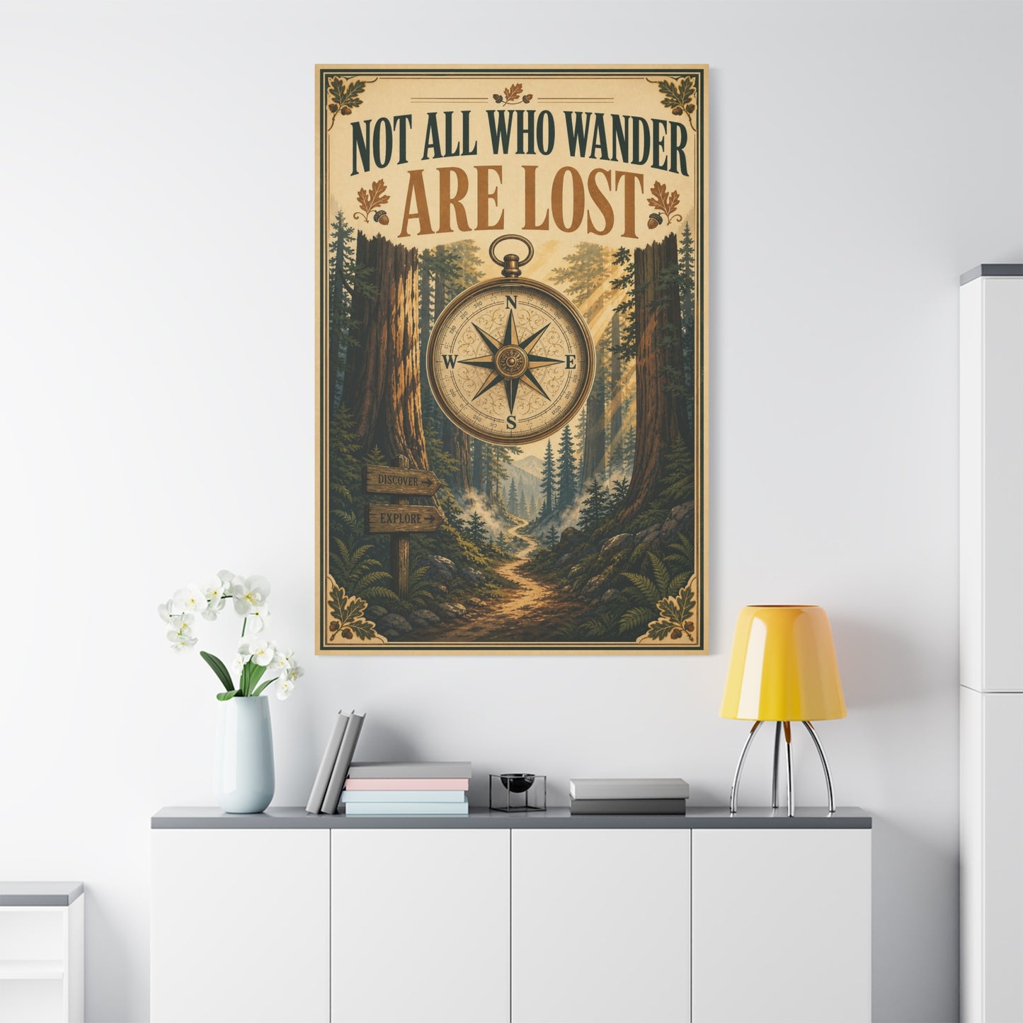 "Not All Who Wander Are Lost" Canvas Wall Art - Forest Compass Quote Print, Vintage Rustic Adventure Decor, Wanderlust Typography Poster Style, Living Room Bedroom Office - Living Room Wall Decor