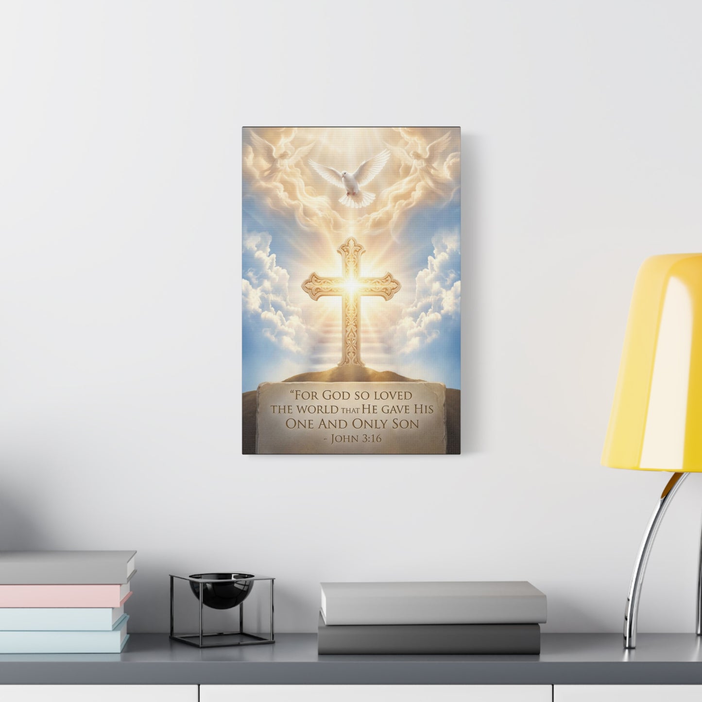 "For God So Loved The World That He Gave His One And Only Son" Christian Canvas Wall Art - Glowing Cross, Dove And Angels - Traditional Religious Wall Decor - Bedroom Living Room - Ready to Hang