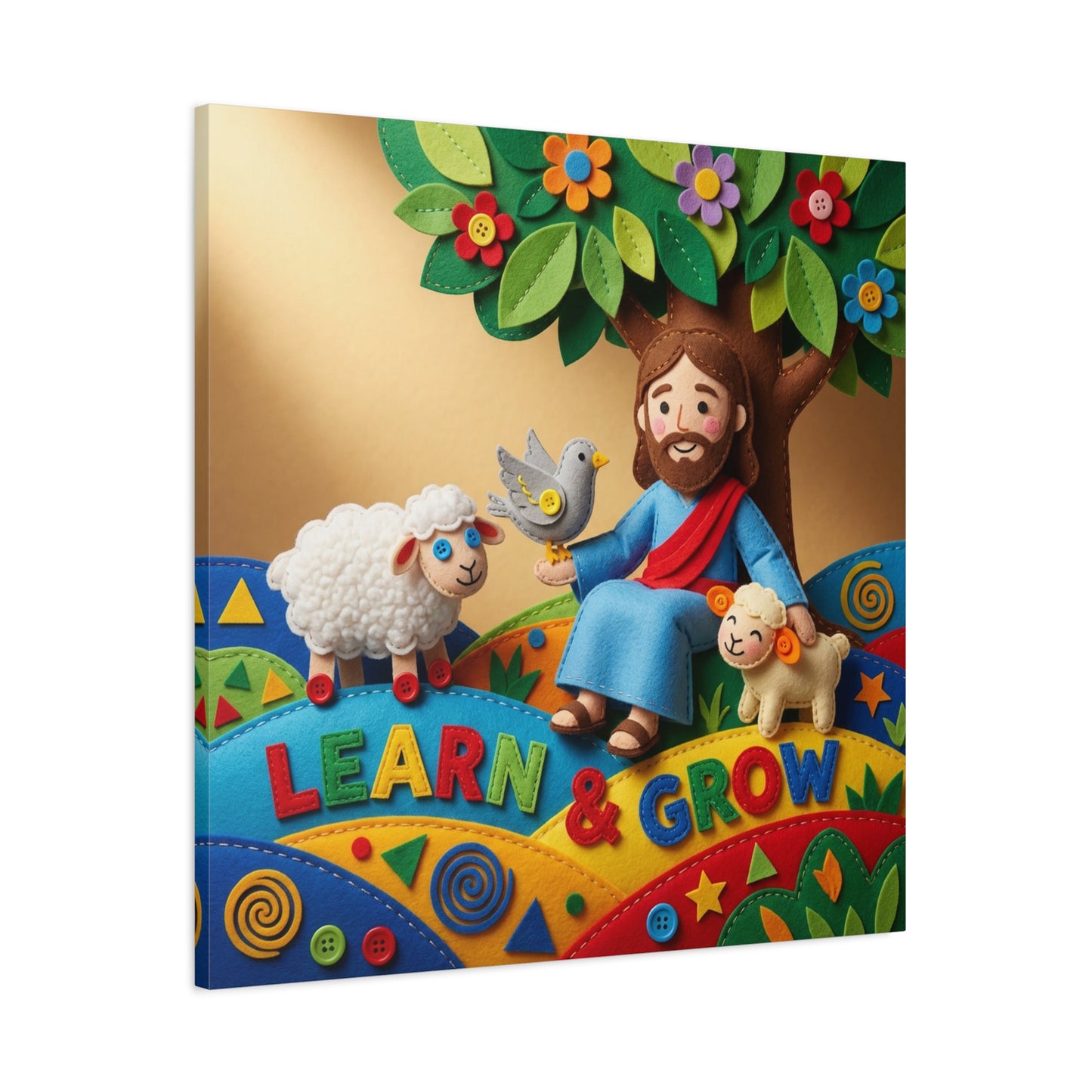 "Learn & Grow" Jesus Canvas Wall Art - Christian Nursery Decor, Lamb And Dove Under Tree - Colorful Felt Style Canvas Print - Kids Room Wall Hanging, Classroom Decoration - Ready to Hang