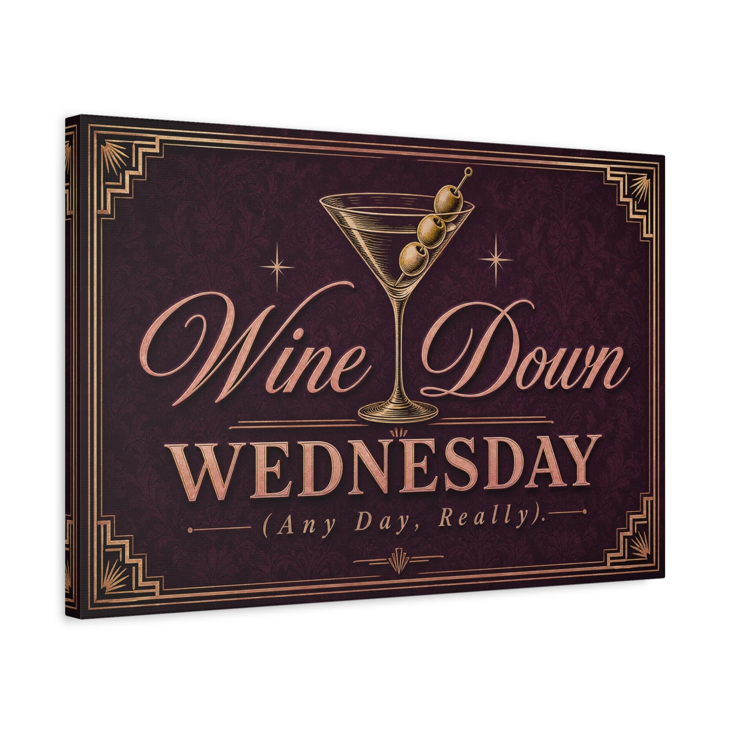"Wine Down Wednesday (Any Day, Really)." Martini Canvas Wall Art - Vintage Cocktail Typography Decor - Art Deco Style, Matte Canvas Print - Bar Cart Wall Decor - Ready to Hang - Ready to Hang
