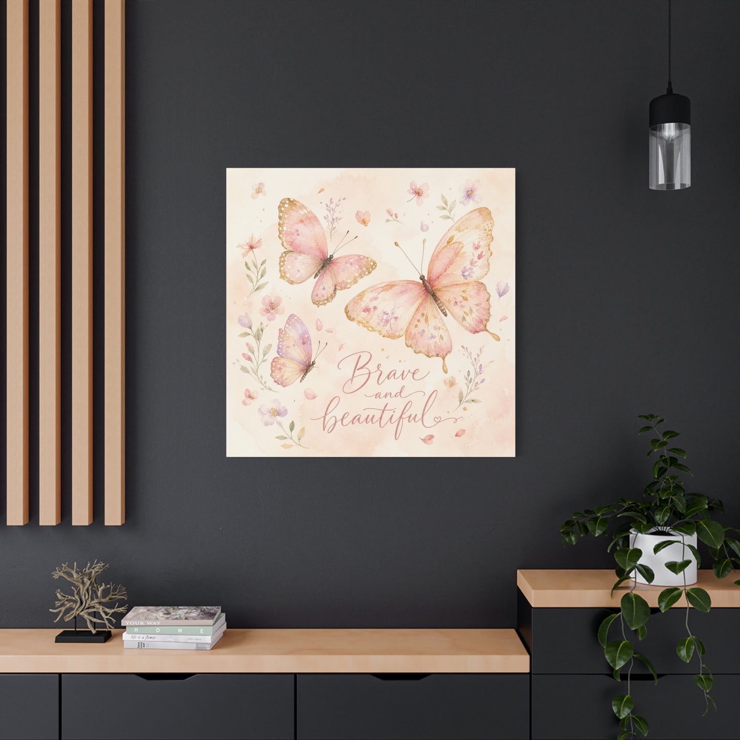 "Brave And Beautiful" Butterfly Canvas Wall Art - Pink Floral Watercolor Quote Print - Inspirational Girls Bedroom Decor - Nursery Wall Hanging - Bedroom Home Decoration - Modern Farmhouse Style