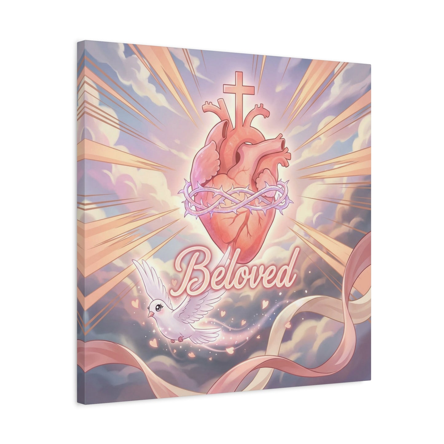 "Beloved" Sacred Heart Canvas Wall Art - Cross, Dove, Crown Of Thorns Christian Decor - Pink Pastel Religious Print - Inspirational Bedroom Home Decoration, Living Room Wall Decor - Ready to Hang