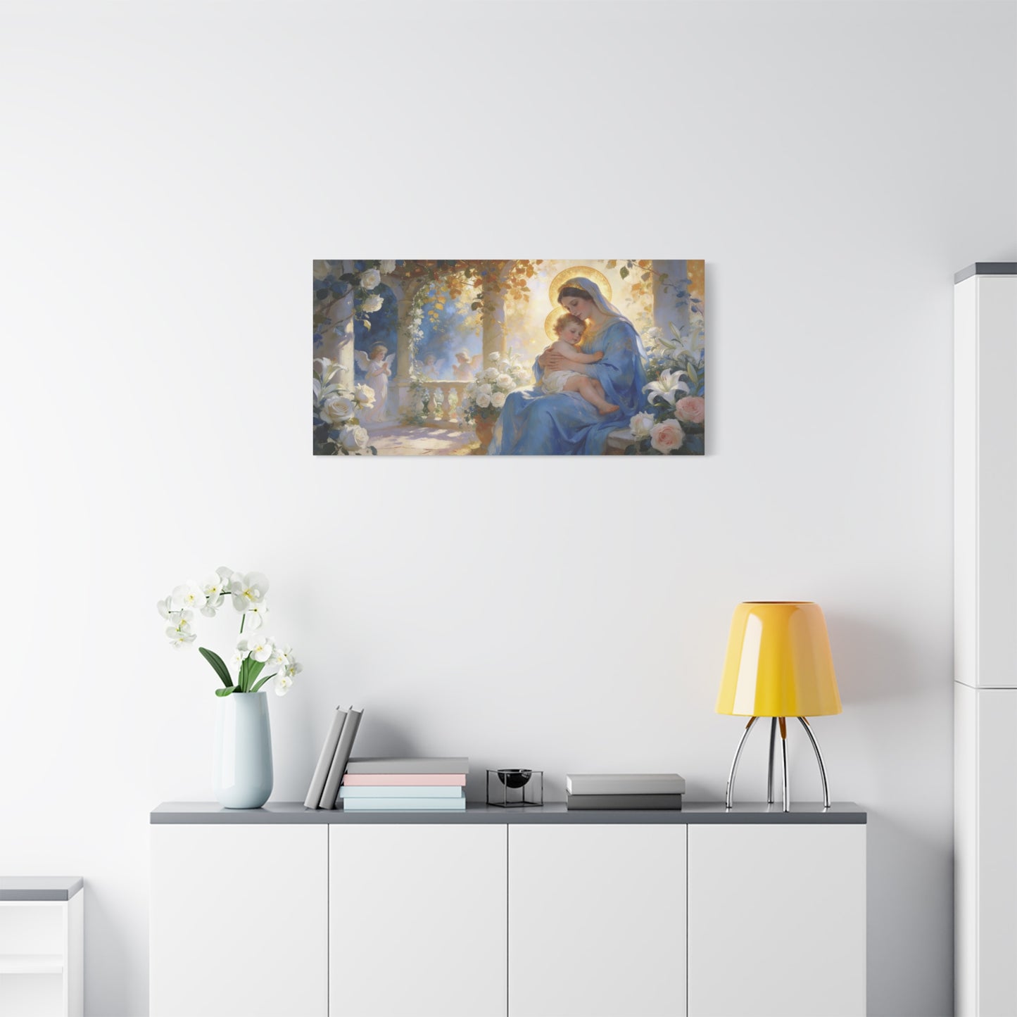Virgin Mary And Baby Jesus Canvas Wall Art - Religious Madonna Lily Rose Painting - Traditional Blue Gold Sacred Nursery Style - Bedroom Wall Decor, Christian Home Accent - Bedroom Home Decoration