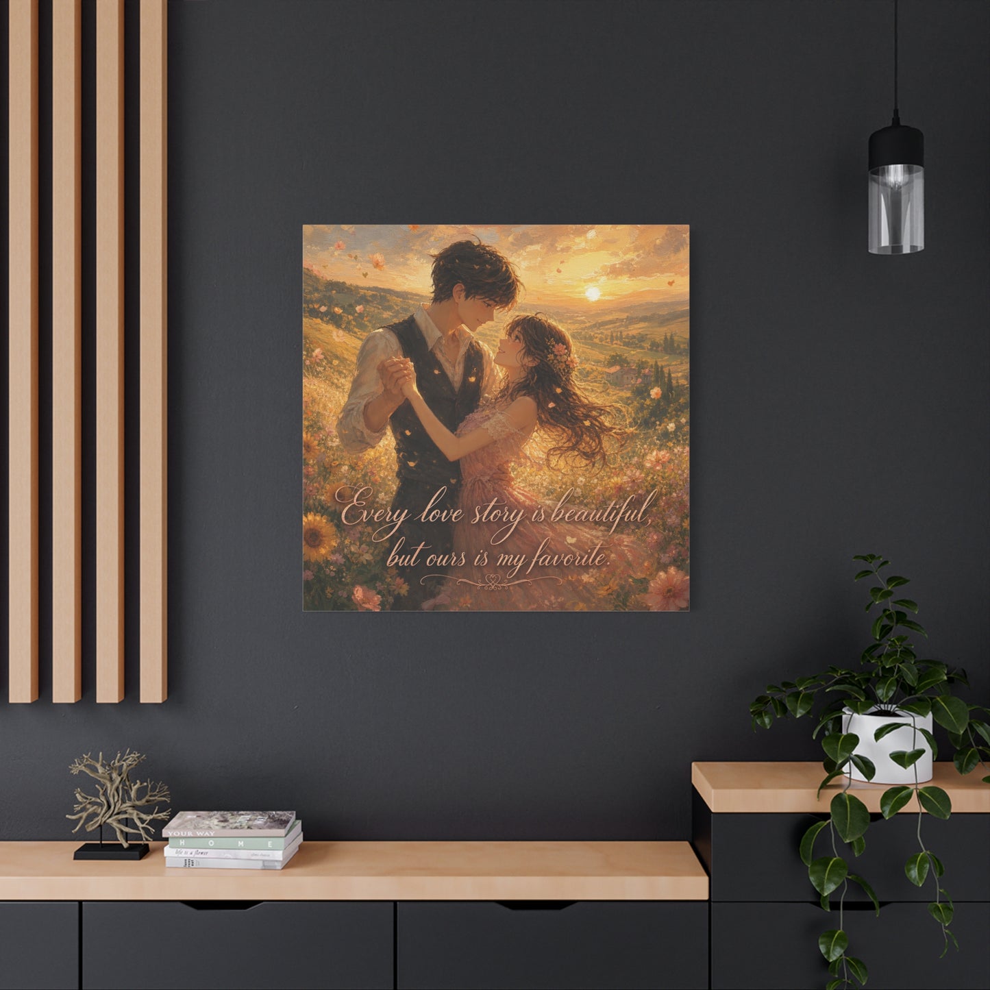 "Every Love Story Is Beautiful, But Ours Is My Favorite" Romantic Couple Canvas Wall Art - Golden Sunset Wildflower Field - Dreamy Rustic Style - Bedroom Wall Decor - Ready to Hang - Ready to Hang