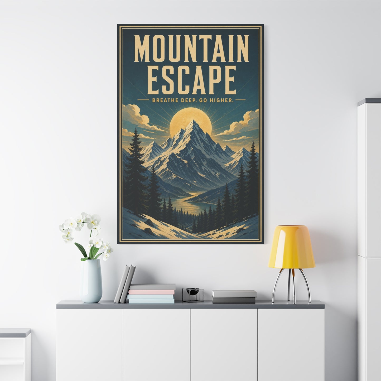 "Mountain Escape Breathe Deep. Go Higher." Canvas Wall Art - Vintage Mountain Landscape Poster Print, Sunlit Alpine Peaks, Rustic Lodge Style, Living Room Wall Decor, Office Art - Ready to Hang