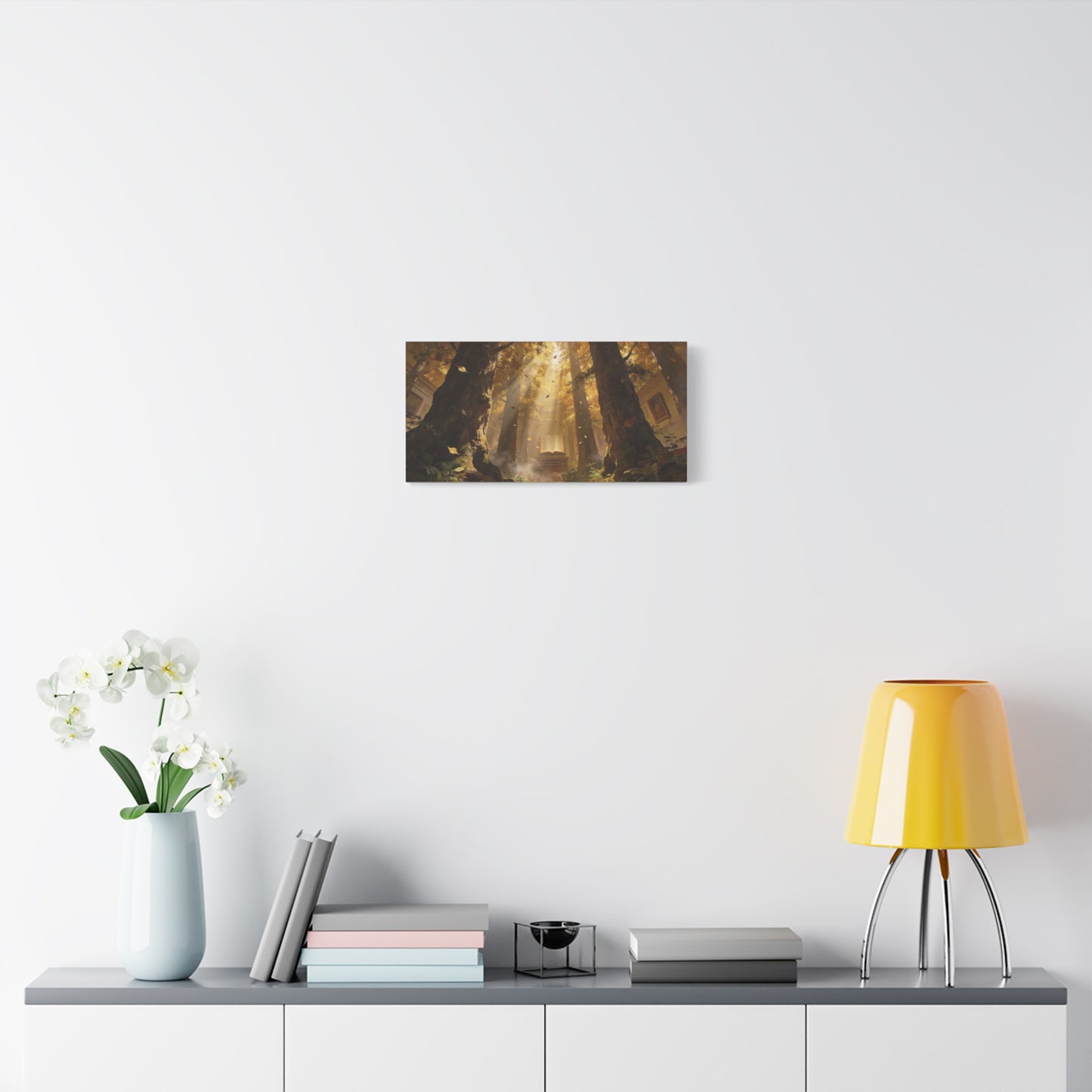 Enchanted Forest Library Canvas Wall Art - Sunbeams, Open Book, Autumn Trees - Matte Cotton Art Print - Fantasy Landscape Style - Living Room Wall Decor, Office Accent - Bedroom Home Decoration