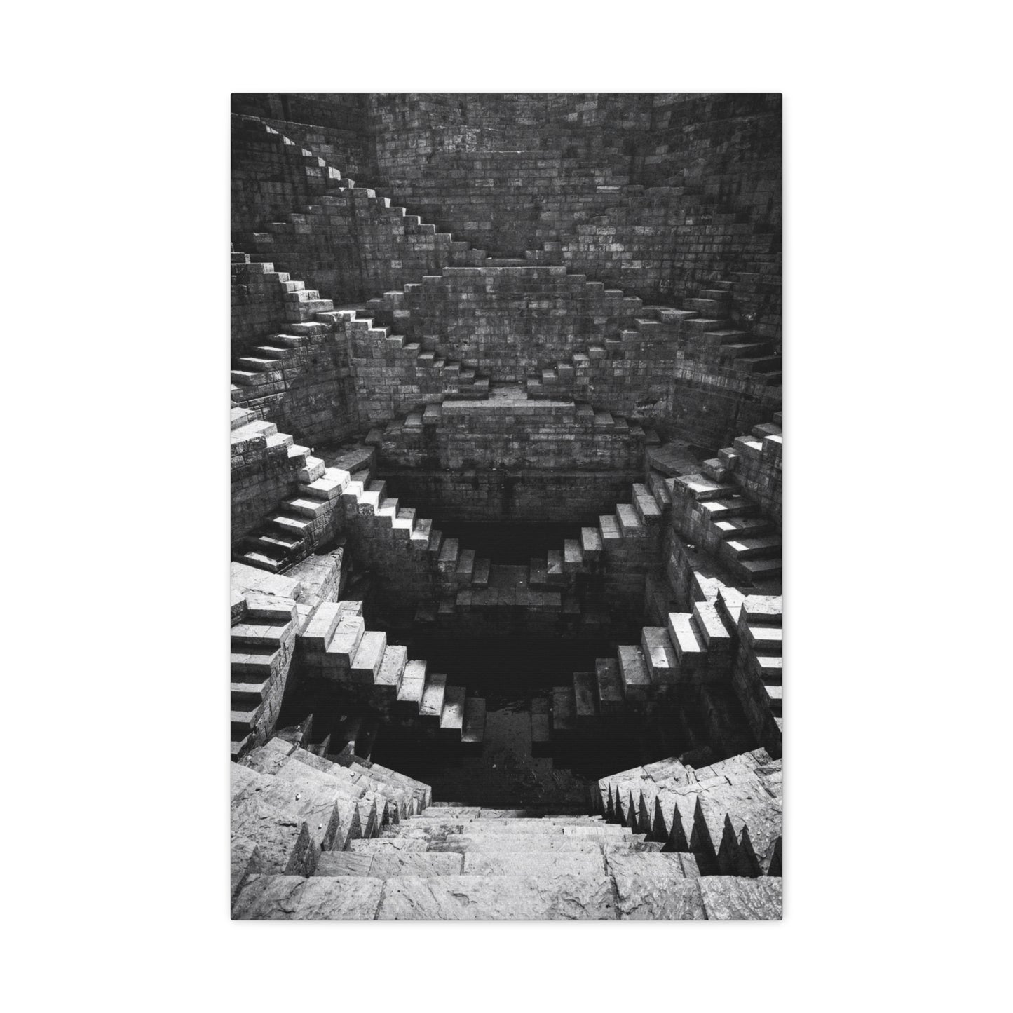 Black And White Stepwell Canvas Wall Art - Architectural Staircase Art Print, Moody Monochrome Stone Geometry - Contemporary Wall Decor For Living Room, Office, Entryway - Ready to Hang