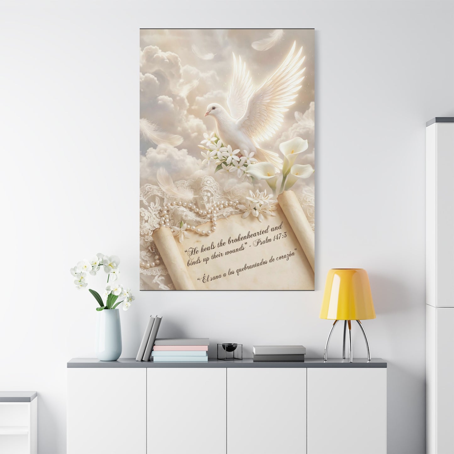 "He Heals The Brokenhearted And Binds Up Their Wounds" Dove Canvas Wall Art - Psalm 147:3 Scripture, White Lily Floral Design - Traditional Religious Decor For Bedroom - Office Wall Art