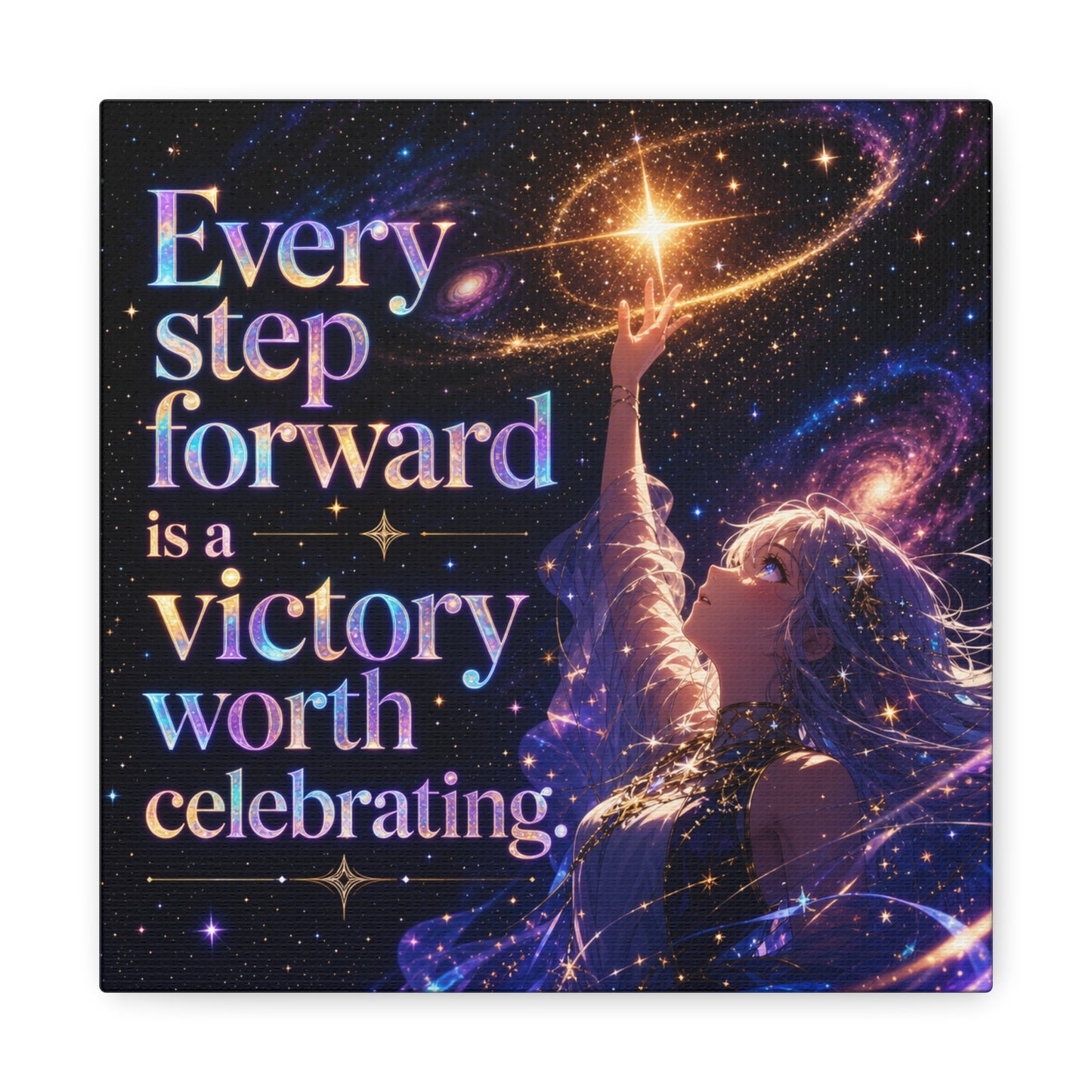 "Every Step Forward Is A Victory Worth Celebrating" Inspirational Canvas Wall Art - Cosmic Anime Girl Galaxy Quote Print - Celestial Purple Blue Decor - Bedroom Home Decoration - Office Wall Art
