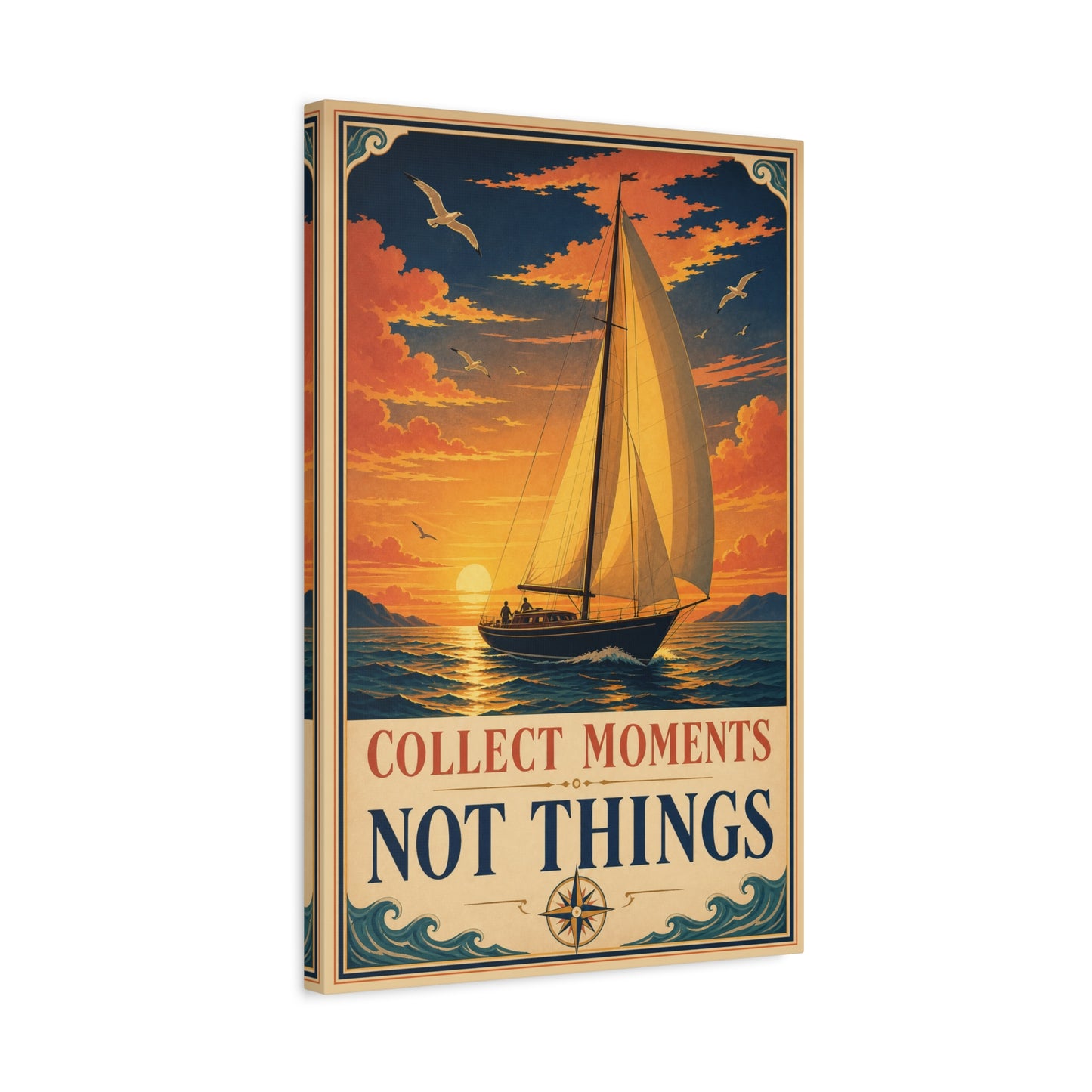 "Collect Moments Not Things" Sailboat Canvas Wall Art - Vintage Nautical Sunset Seascape, Inspirational Ocean Poster Style - Coastal Living Room Wall Decor, Bedroom Home Decoration - Ready to Hang