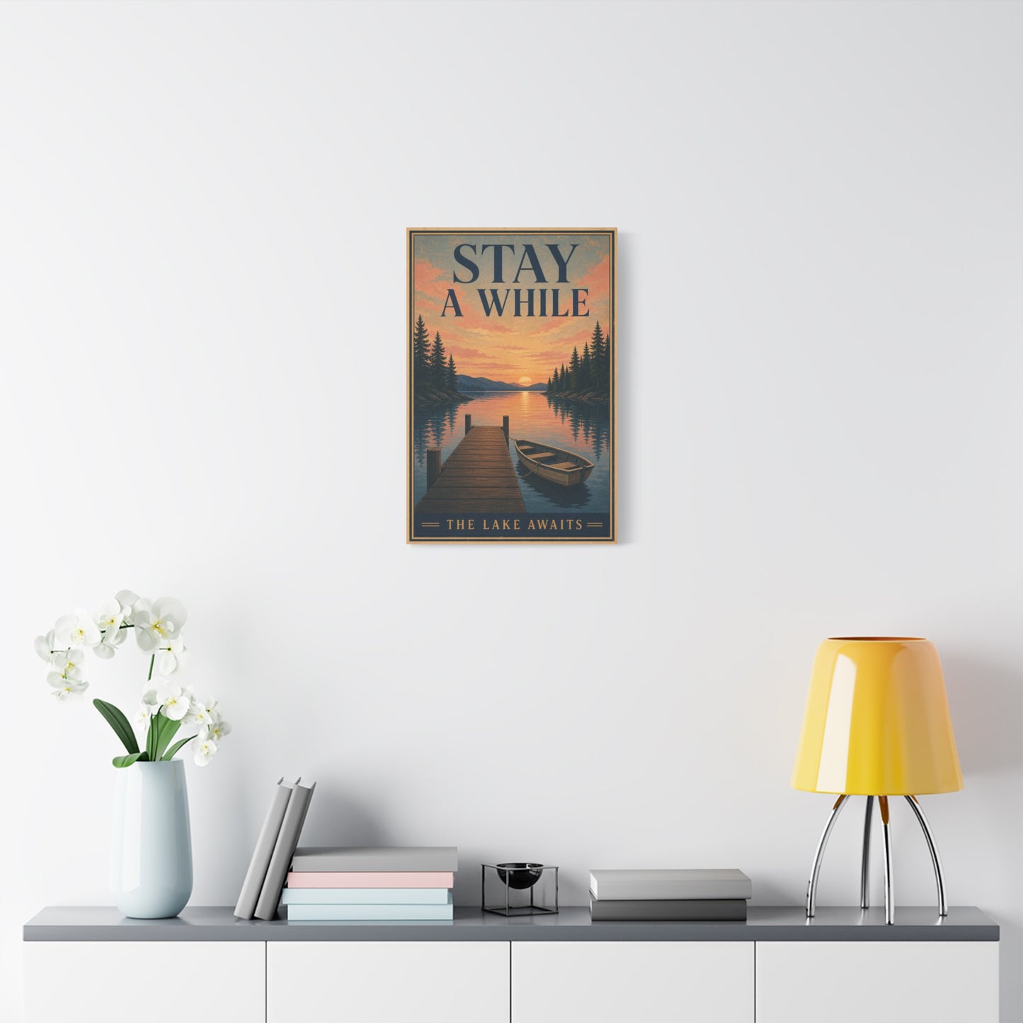 "Stay A While The Lake Awaits" Lake Sunset Canvas Wall Art - Vintage Dock And Rowboat Landscape Print, Rustic Cabin Decor, Bedroom Home Decoration, Entryway Accent - Office Wall Art - Ready to Hang