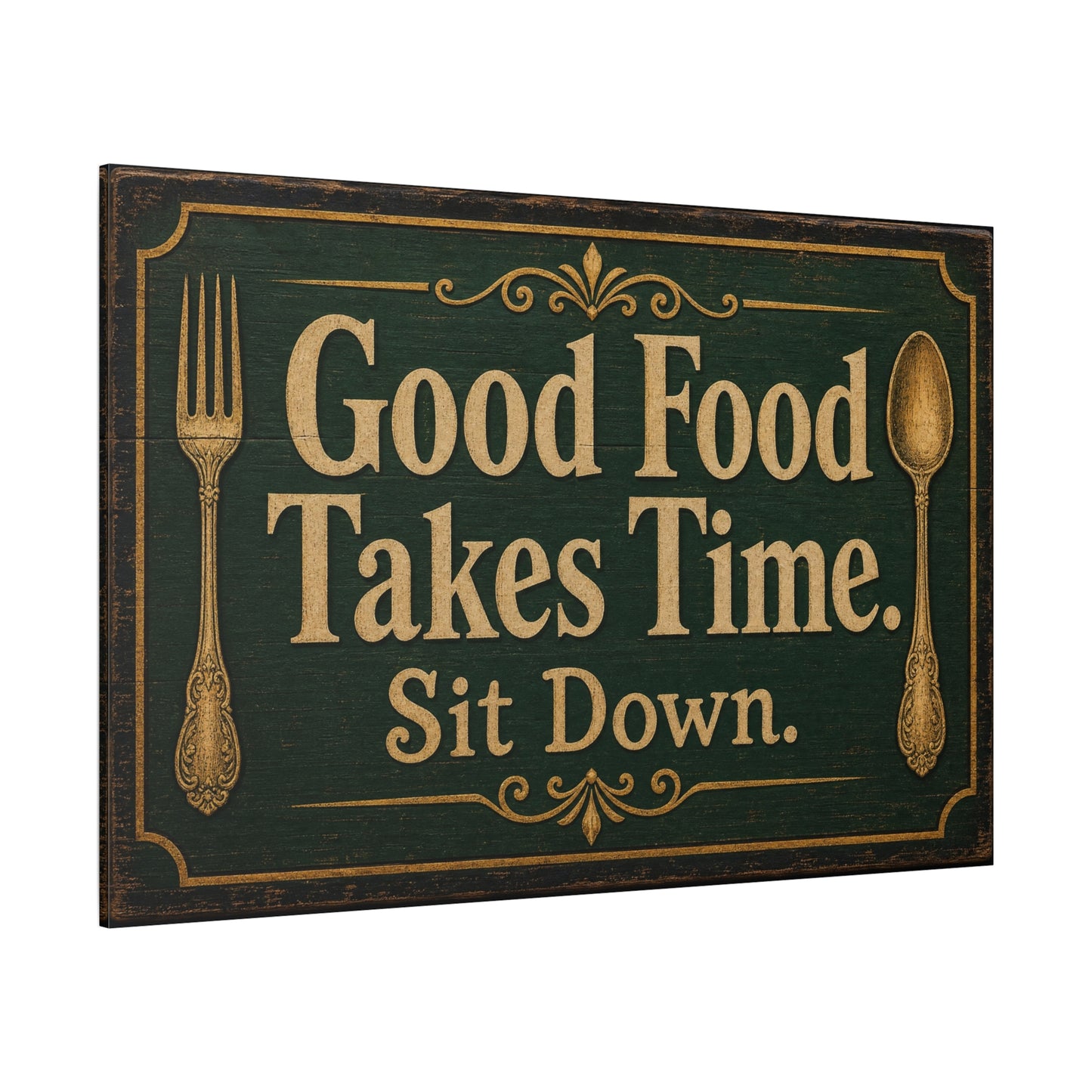 "Good Food Takes Time. Sit Down." Canvas Wall Art - Vintage Typography Decor - Rustic Farmhouse, Restaurant Wall Hanging - Modern Farmhouse Style - Ready to Hang - Bistro Sign Decor - HP Latex Print