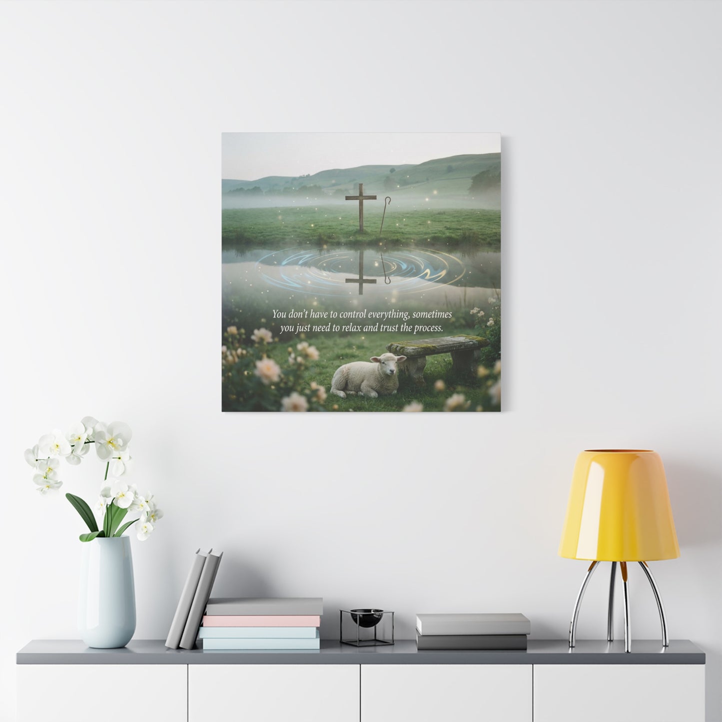 "You Don’t Have To Control Everything, Sometimes You Just Need To Relax And Trust The Process" Canvas Wall Art - Christian Cross, Lamb Meadow Scene - Inspirational Farmhouse Decor - Office Wall Art