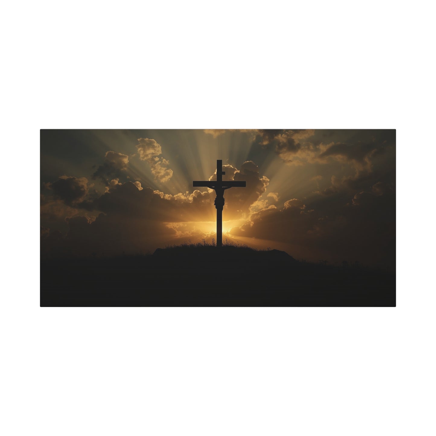 Jesus Christ Crucifix Canvas Wall Art - Sunset Cross Silhouette, Golden Sky Rays - Matte Cotton Print - Religious Christian Decor For Living Room, Bedroom, Office Wall Display - Modern Farmhouse Style