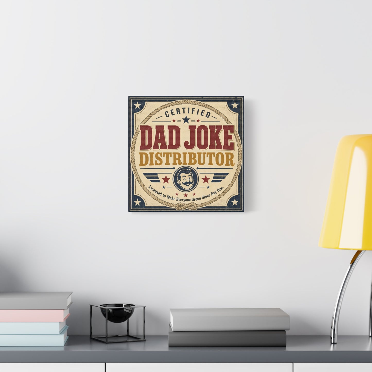 "Dad Joke Distributor" Funny Canvas Wall Art - Vintage Typography Humor Print, Retro Patriotic Stars And Mustache Illustration - Farmhouse Office Decor, Man Cave Wall Hanging - Bedroom Home Decoration