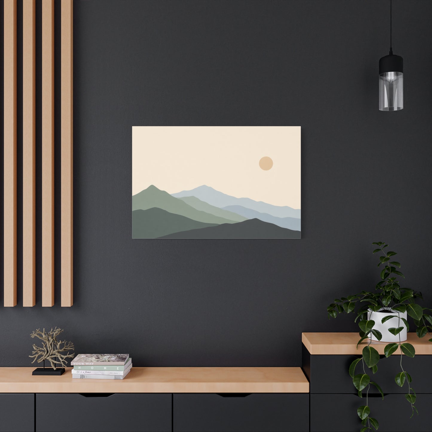 Minimalist Mountain Landscape Canvas Wall Art - Layered Blue Green Hills, Soft Sun - Contemporary Nature Print, Living Room Wall Decor, Bedroom Home Decoration, Office Art - Bedroom Home Decoration