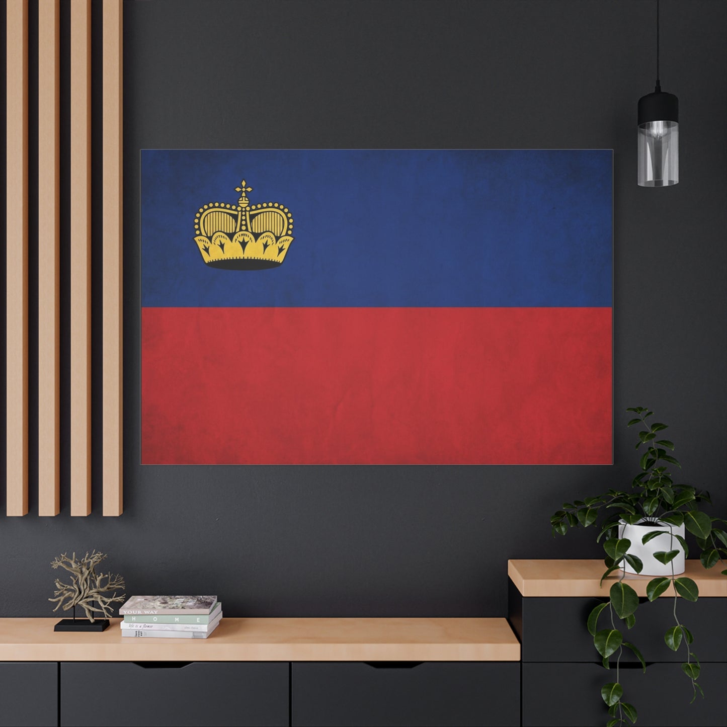Liechtenstein Flag Canvas Wall Art - Blue Red Banner With Gold Crown - Minimalist National Print, Cotton Canvas Decor - Living Room Wall Decor, Bedroom Home Decoration - Bedroom Home Decoration