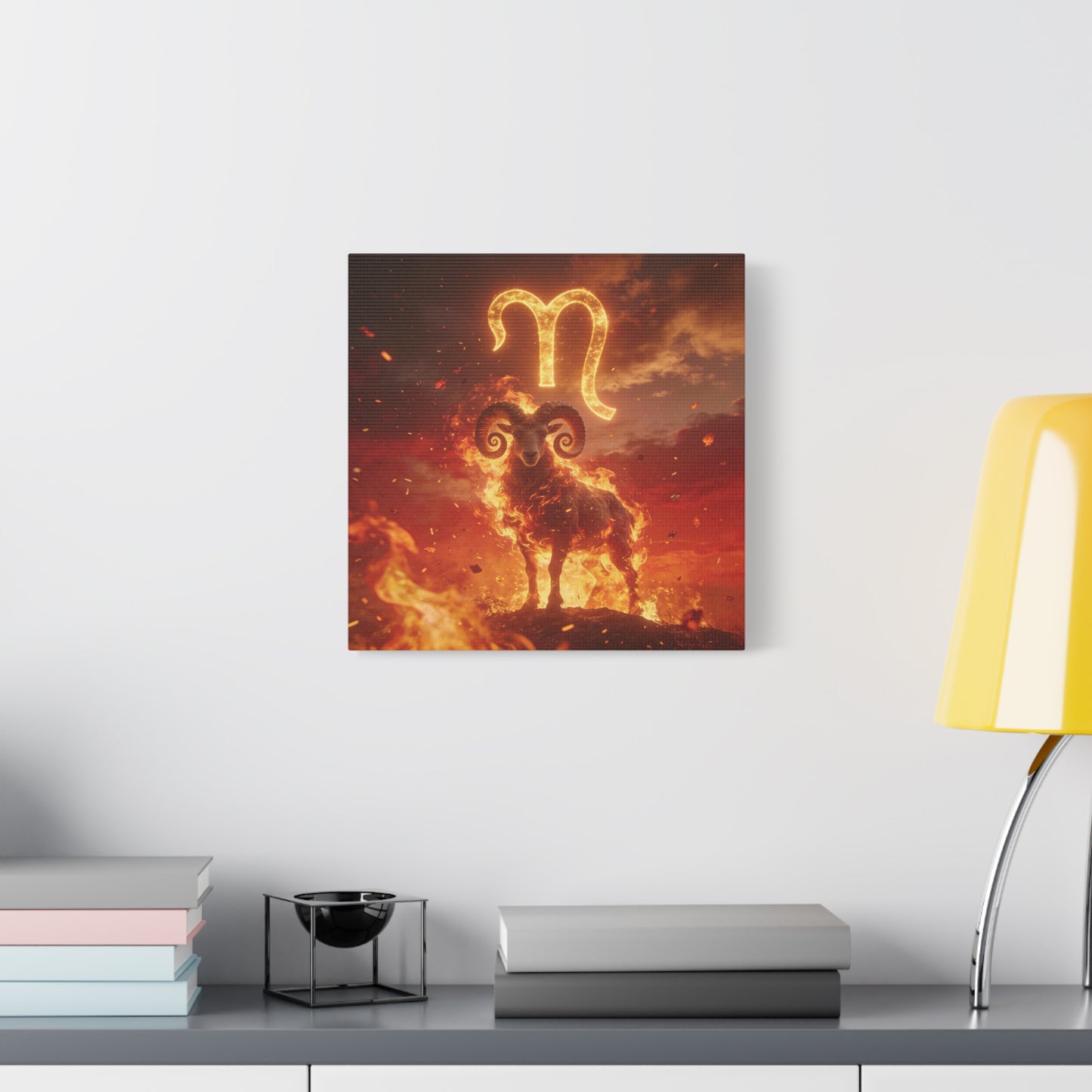 Aries Ram Canvas Wall Art - Fiery Zodiac Symbol Astrology Print, Glowing Horned Sheep Illustration - Matte Canvas Decor - Bedroom Home Decoration, Office Wall Art - Bedroom Home Decoration