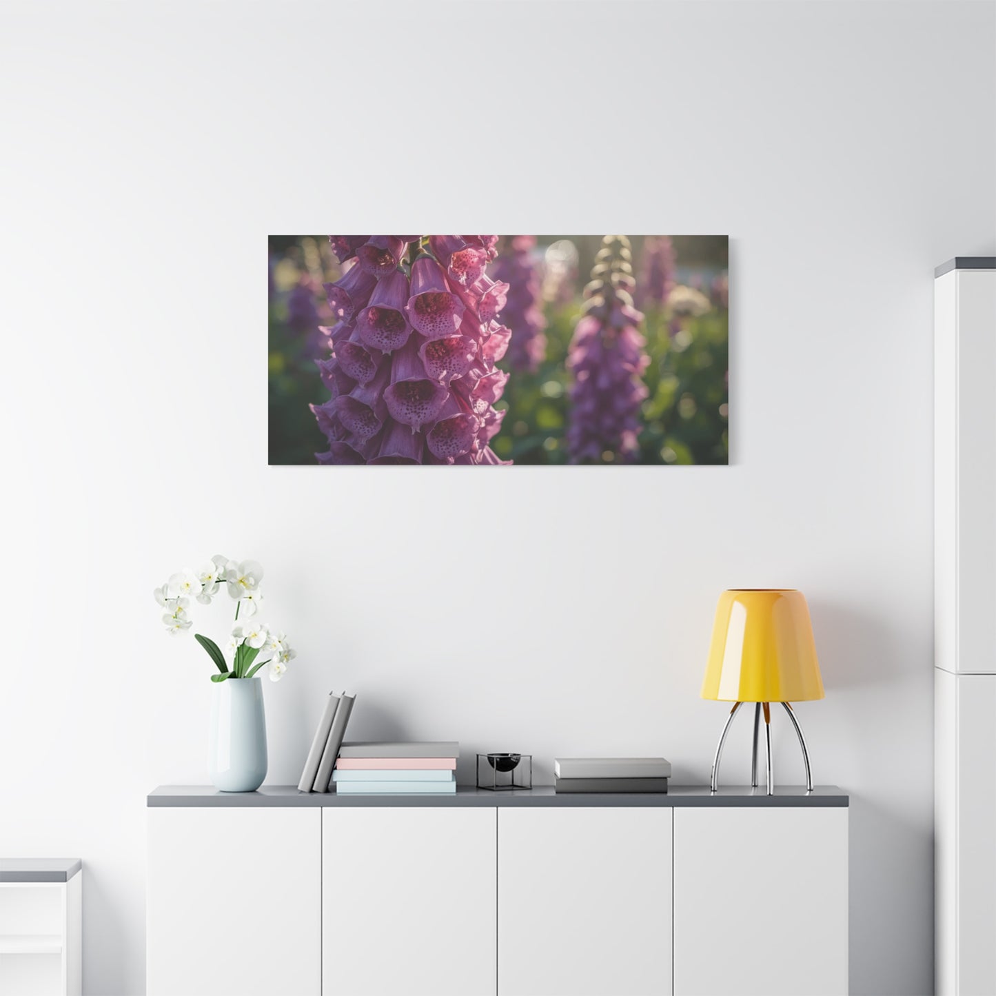 Purple Foxglove Flower Canvas Wall Art - Botanical Floral Art Print, Soft Golden Light, Matte Finish Decor - Bedroom Wall Hanging, Living Room Accent, Spa Style Interior Design - Ready to Hang