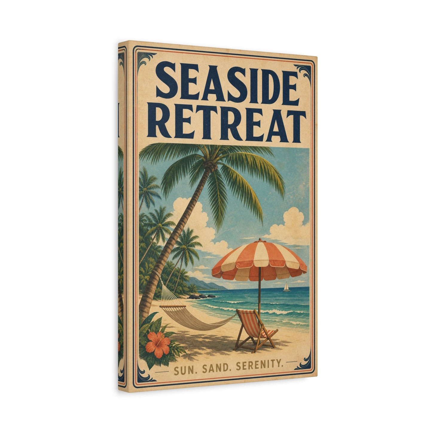 "Seaside Retreat" Tropical Beach Canvas Wall Art - Vintage Coastal Palm Tree Hammock Poster Print, Sun Sand Serenity Typography, Retro Ocean Decor For Bedroom Living Room - Living Room Wall Decor