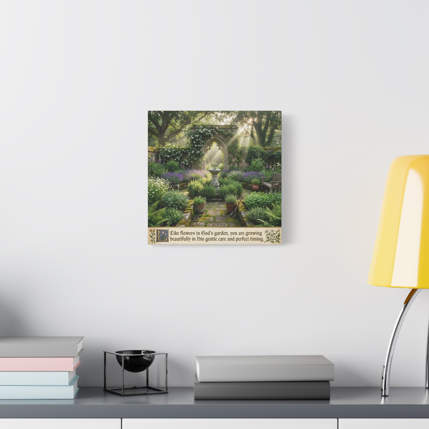 "Like Flowers In God's Garden, You Are Growing Beautifully In His Gentle Care And Divine Timing" Canvas Wall Art - Sunlit Garden Arch, Botanical Landscape Print - Living Room Decor - Office Wall Art