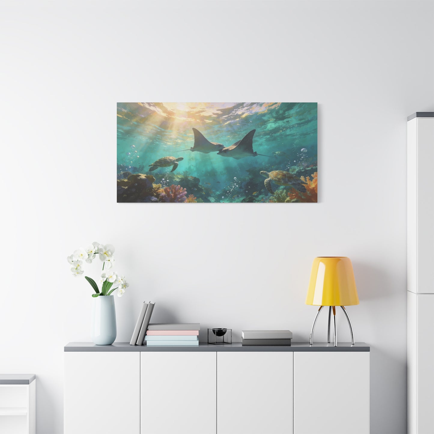 Manta Ray And Sea Turtle Canvas Wall Art - Underwater Ocean Reef Scene, Coastal Wall Decor - Matte Cotton Canvas Print - Contemporary Seascape Style - Living Room Bedroom Office - Ready to Hang