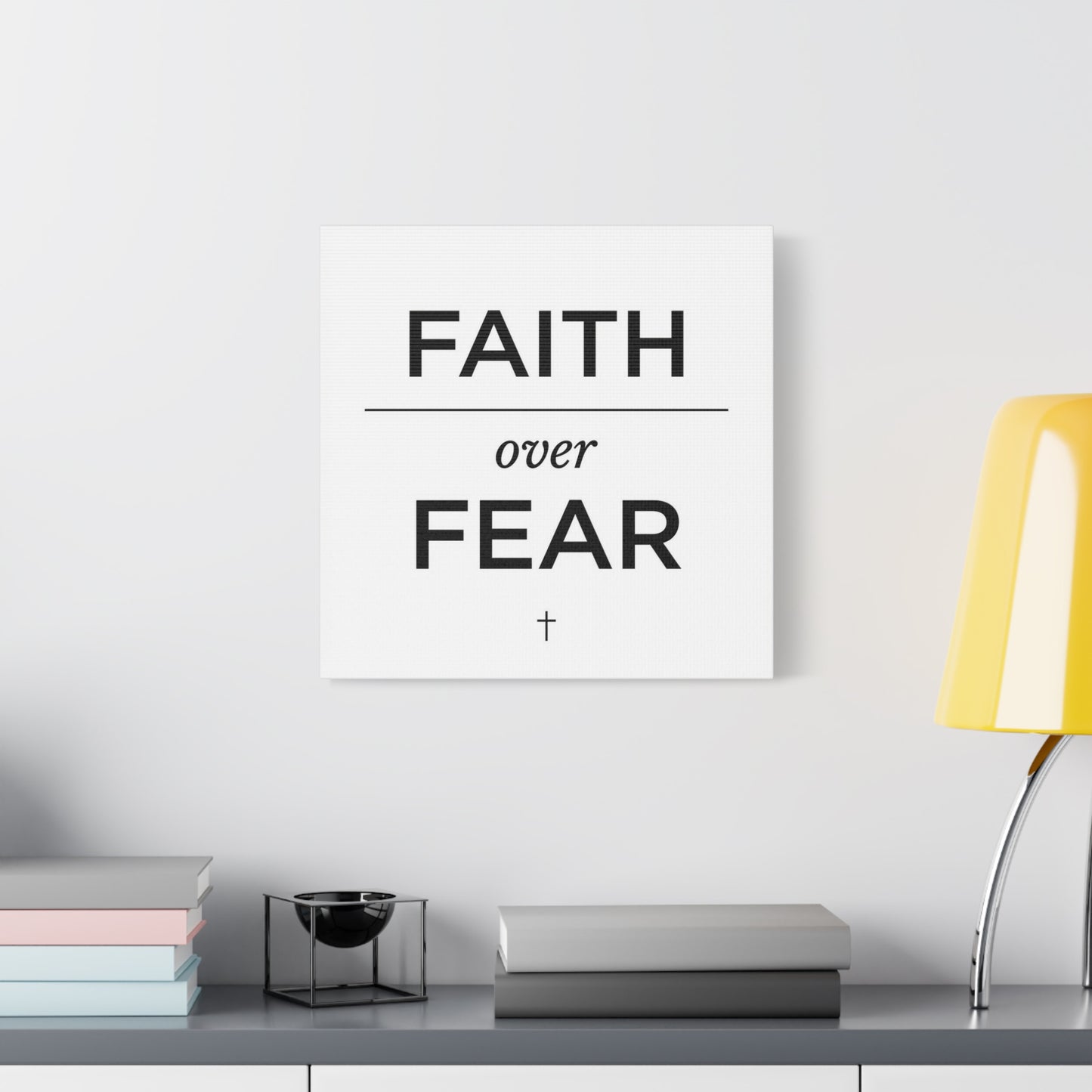 "Faith Over Fear" Christian Canvas Wall Art - Minimalist Bible Verse Cross Print, Black And White Typography Decor - Modern Farmhouse Style - Living Room Bedroom Office Wall Decor
