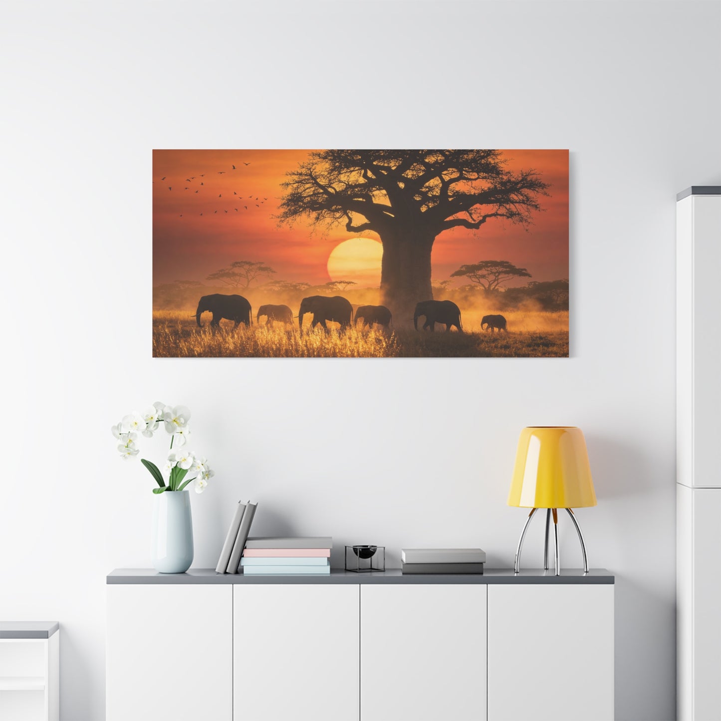 African Elephant Sunset Canvas Wall Art - Baobab Tree Safari Scene, Golden Savanna Wildlife Print - Matte Cotton Canvas, Rustic Contemporary Style - Living Room Wall Decor - Bedroom Home Decoration