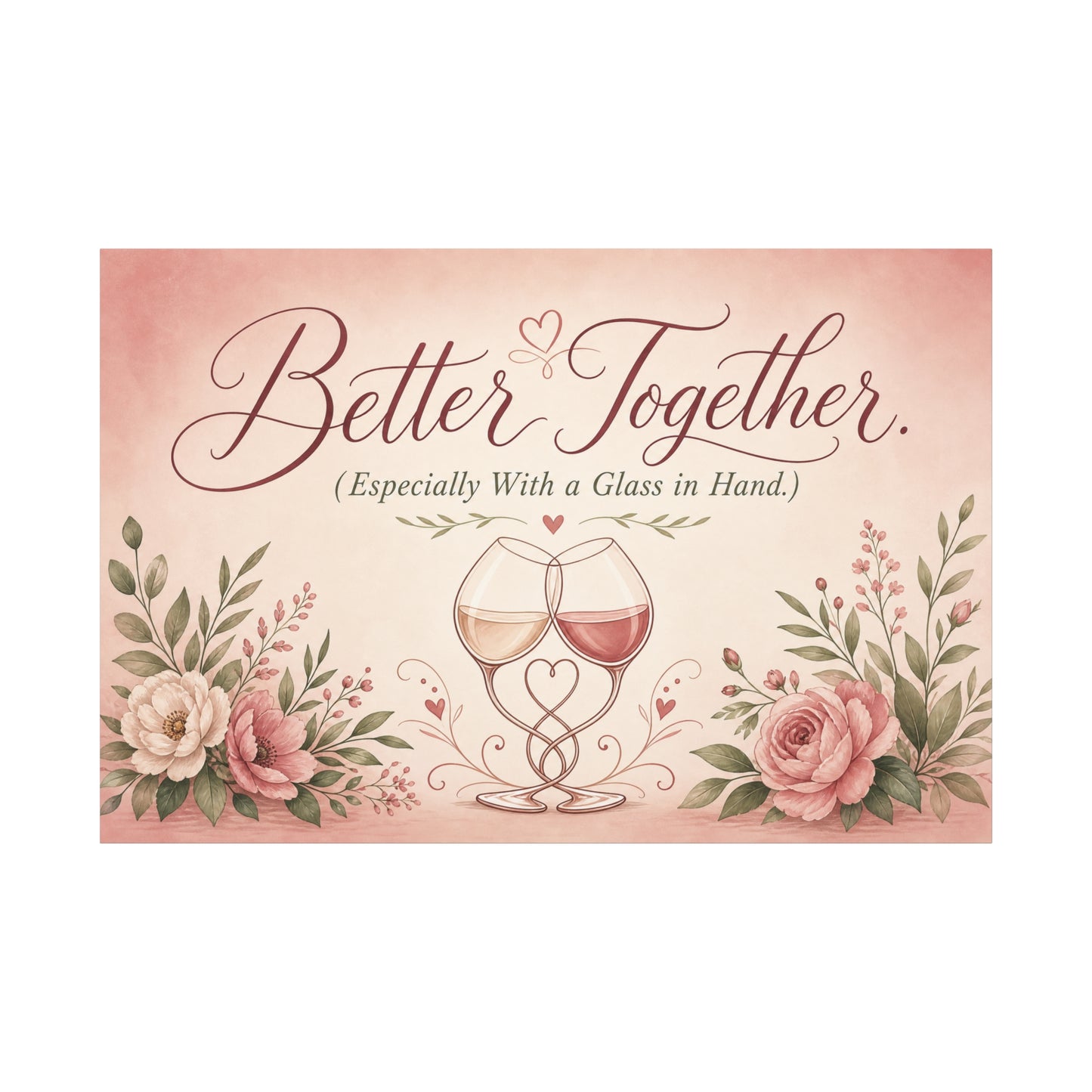 "Better Together. (Especially With a Glass in Hand.)" Canvas Wall Art - Romantic Wine Glass Quote Print, Pink Floral Typography Decor, Bedroom Wall Hanging - Bedroom Home Decoration - Ready to Hang