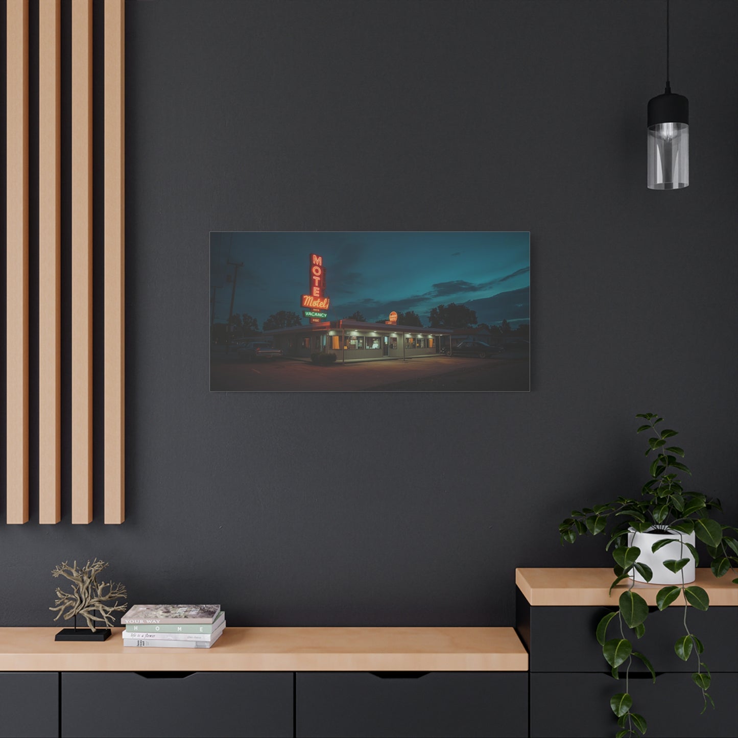 Neon Motel Canvas Wall Art - Vintage Roadside Motel Art Print, Blue Night Sky, Retro Americana Style - Living Room Wall Decor, Home Decoration, Office Art Accent - Bedroom Home Decoration