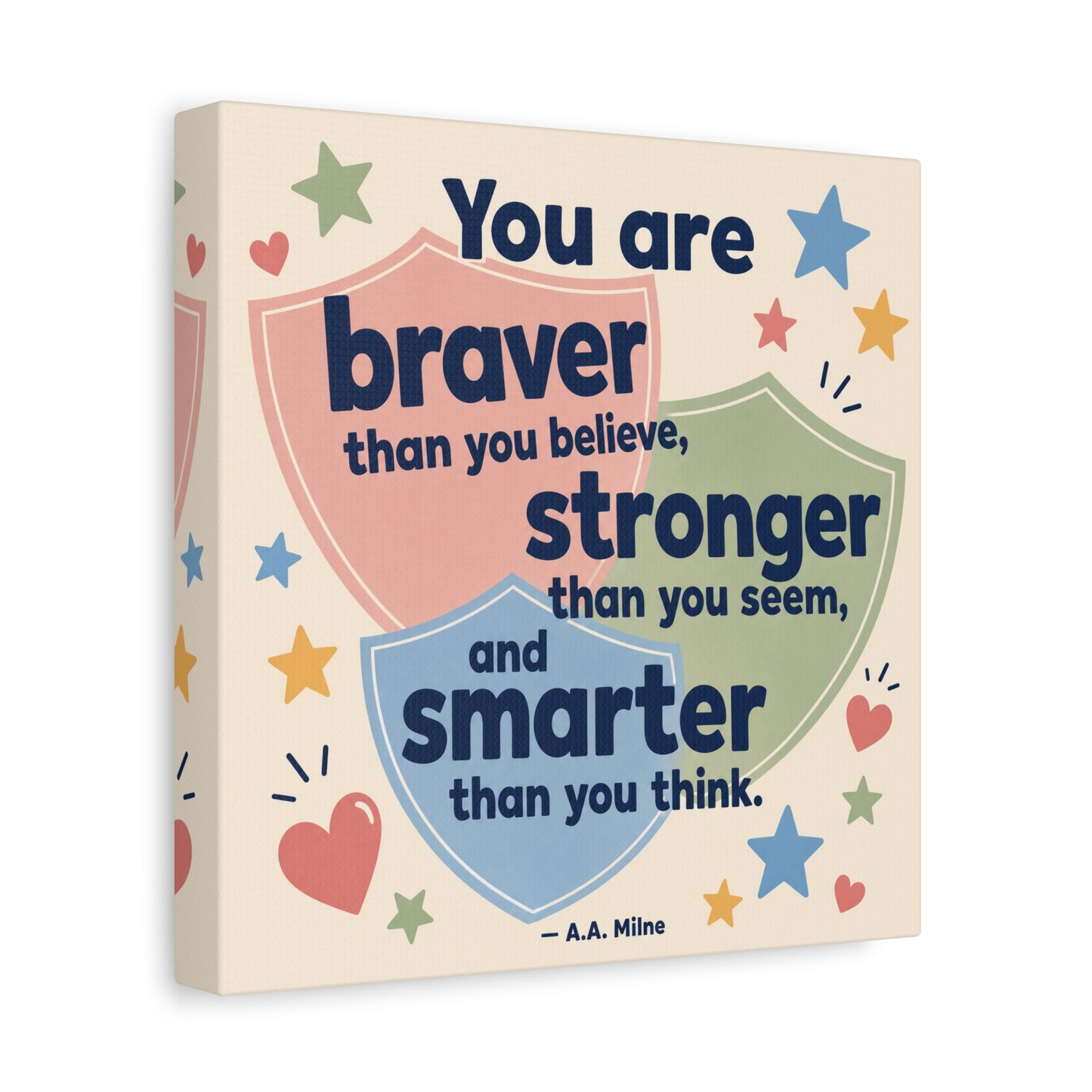 "You Are Braver, Stronger, Smarter" Quote Canvas Wall Art - Kids Inspirational Typography Print, Pastel Shield Stars Hearts Design - Nursery Bedroom Classroom Decor - Office Wall Art - Ready to Hang