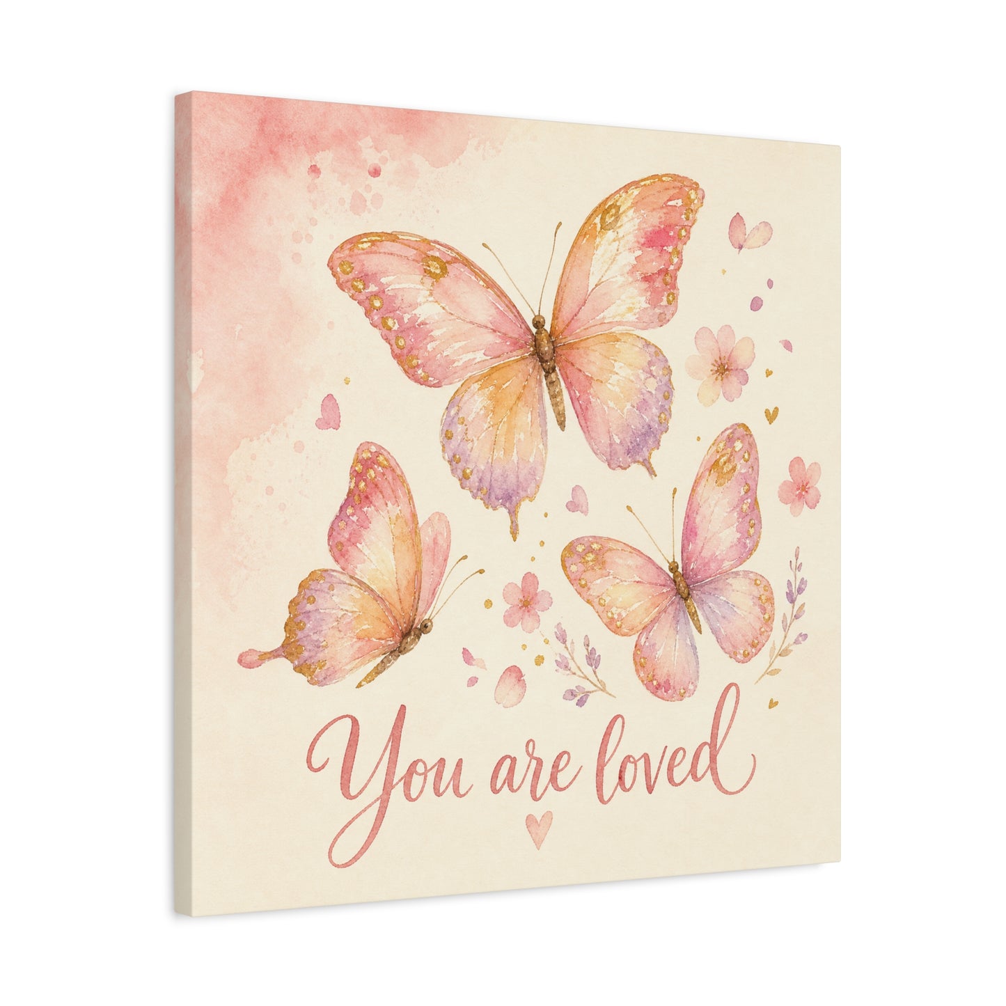 "You Are Loved" Butterfly Canvas Wall Art - Pink Watercolor Butterflies, Inspirational Nursery Decor - Soft Pastel Floral Home Decoration - Bedroom Wall Hanging, Baby Girl Room Accent - Ready to Hang