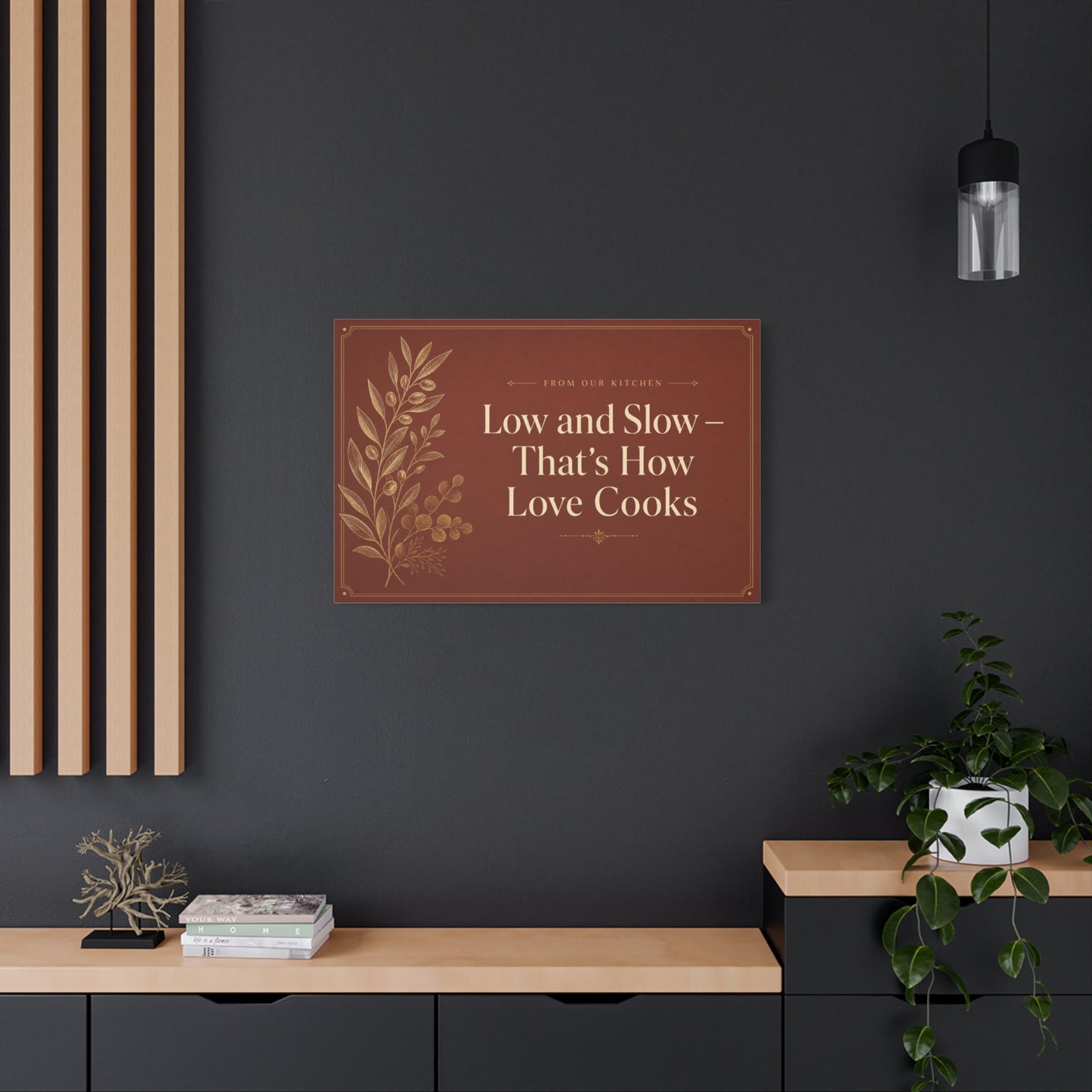 "Low And Slow - That's How Love Cooks" Kitchen Canvas Wall Art - Rustic Typography Botanical Print - Brown Farmhouse Dining Room Decor - Office Wall Art - Bedroom Home Decoration - Ready to Hang