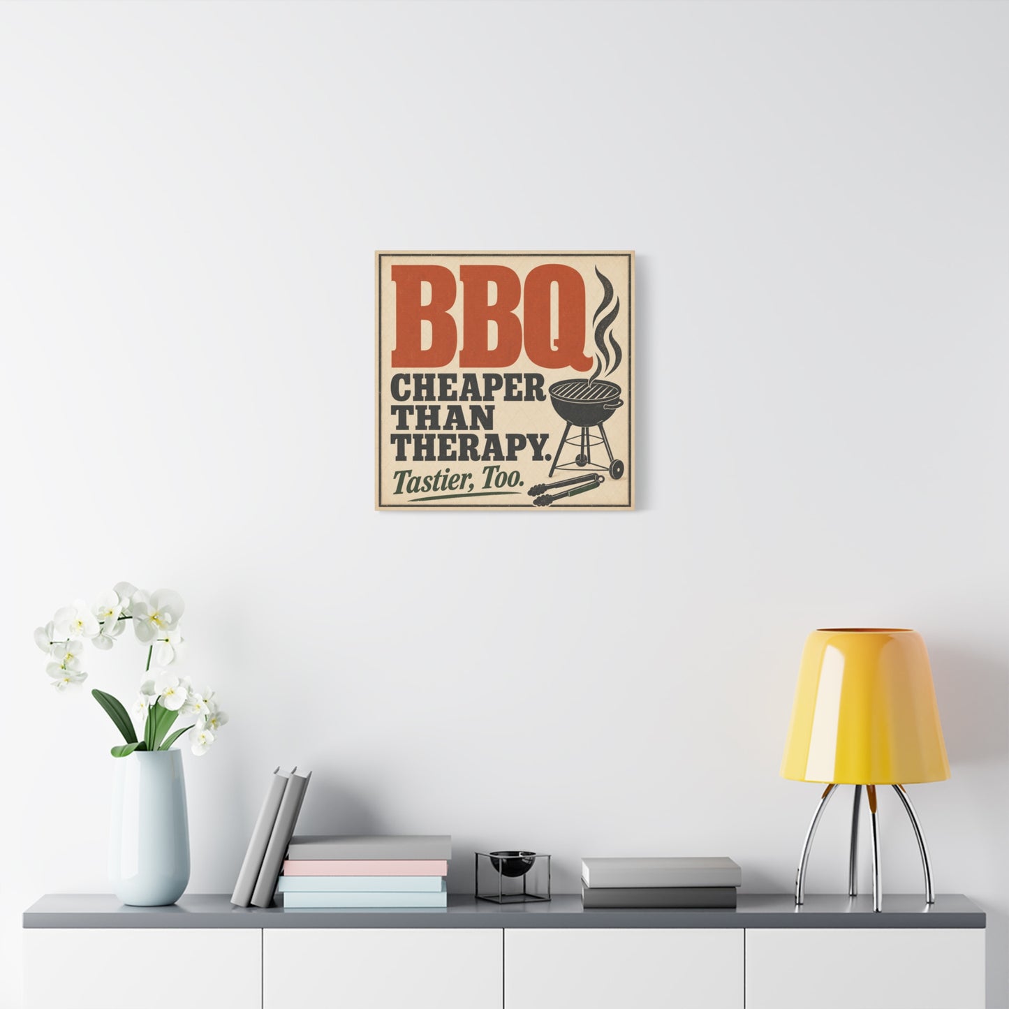"BBQ Cheaper Than Therapy. Tastier, Too." Canvas Wall Art - Vintage Grill Quote Kitchen Decor - Rustic Typography Print, Farmhouse Barbecue Sign - Modern Farmhouse Style - Living Room Wall Decor
