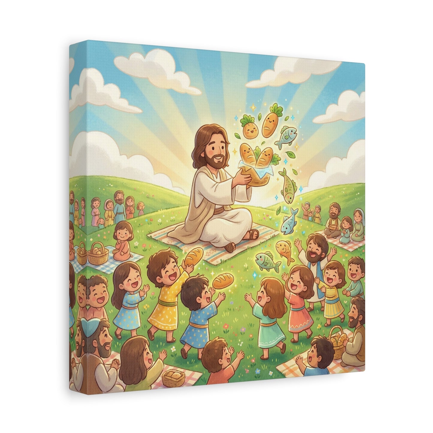 Jesus Feeding Multitude Canvas Wall Art - Loaves And Fish Bible Scene, Christian Nursery Decor - Matte Cotton Print, Kids Room Wall Decor, Sunday School Classroom - Bedroom Home Decoration