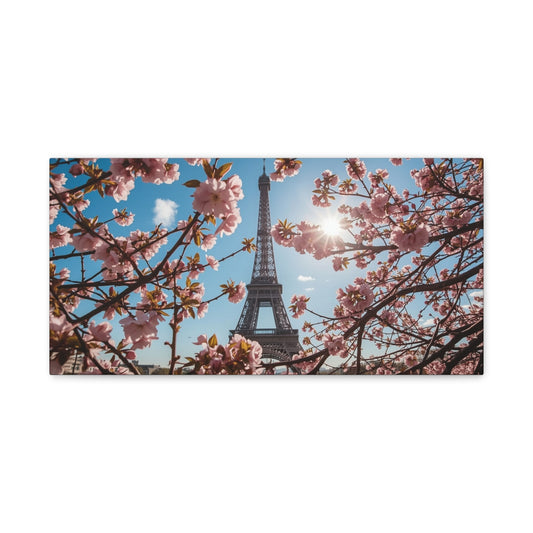 Eiffel Tower Canvas Wall Art Paris Cherry Blossom Art Print - Sunlit Spring Floral Cityscape - Matte Cotton Decor - Bedroom Home Decoration, Living Room Wall Decor - Bedroom Home Decoration