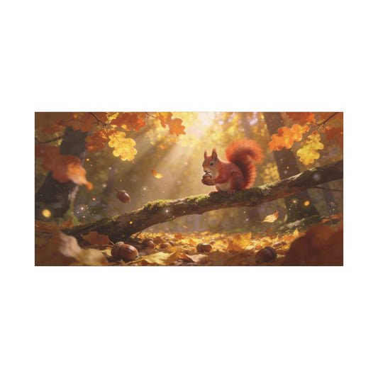 Red Squirrel Canvas Wall Art - Autumn Forest Acorn Scene, Golden Sunlight, Matte Cotton Print - Rustic Woodland Decor, Living Room Accent, Bedroom Decoration, Office Nature Artwork - Office Wall Art
