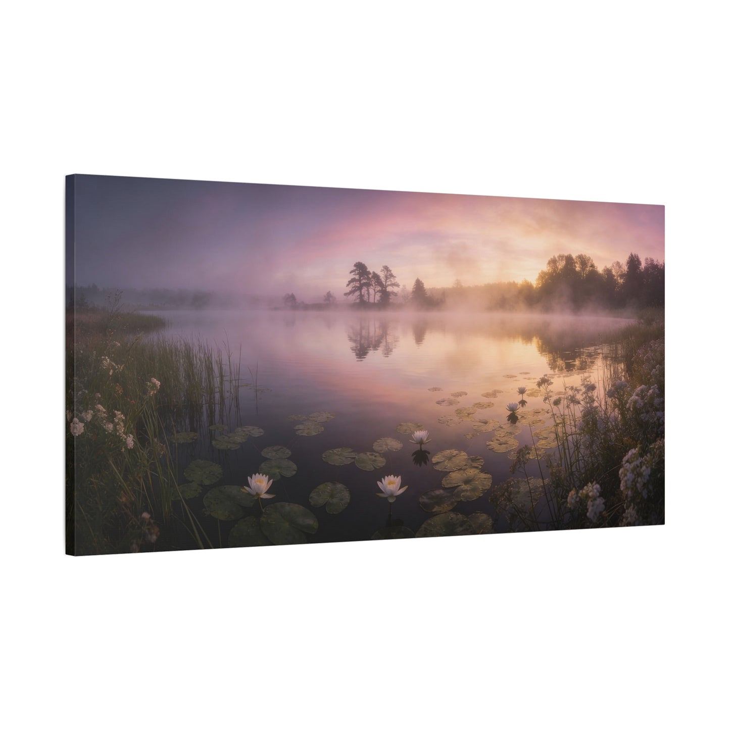 Misty Lake Sunrise Canvas Wall Art - Water Lily Pond Landscape Art Print, Soft Pink And Gold Sky - Serene Nature Decor - Matte Finish Canvas Print - Living Room Wall Decor Bedroom Home Decoration
