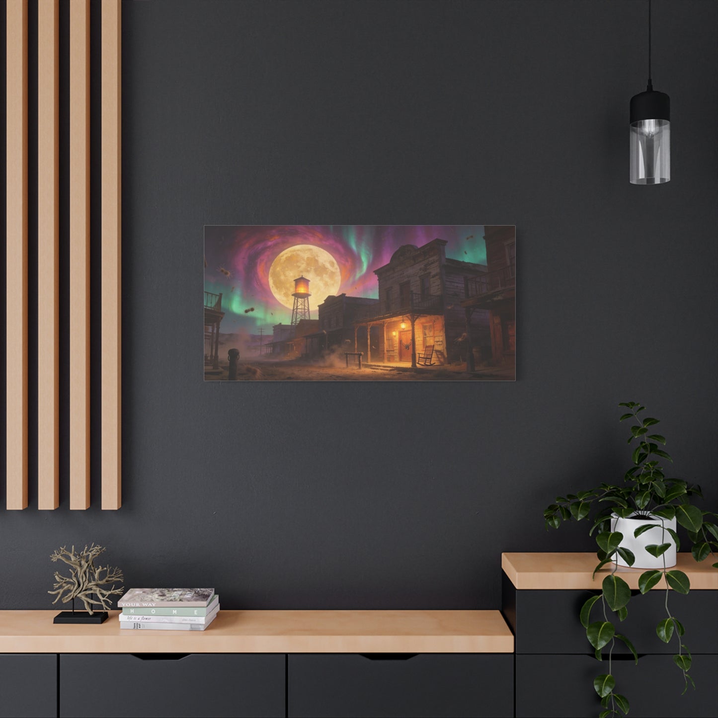 Moonlit Western Town Canvas Wall Art - Surreal Desert Street, Water Tower, Aurora Sky - Matte Cotton Art Print - Vintage Frontier Style, Living Room Wall Decor Office Accent - Bedroom Home Decoration