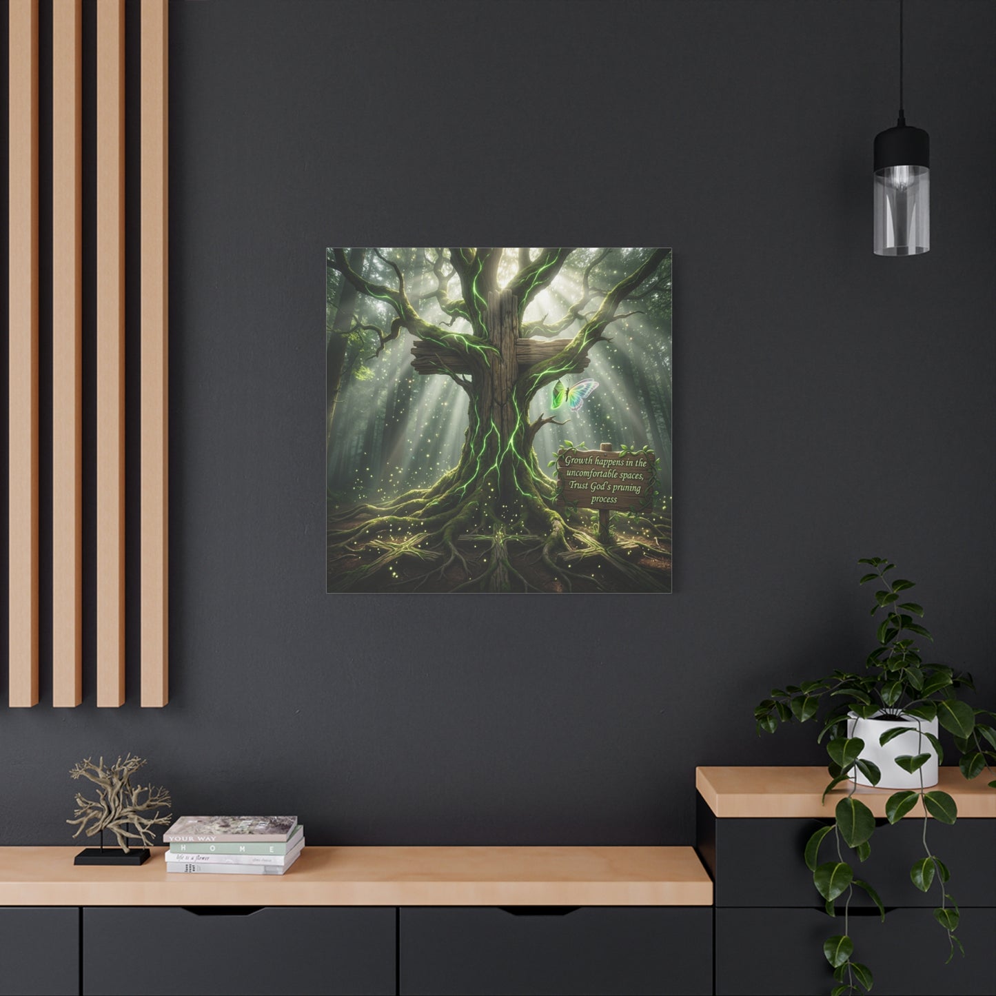 "Growth Happens In The Uncomfortable Spaces, Trust God's Pruning Process" Christian Canvas Wall Art - Forest Tree Cross, Butterfly - Inspirational Rustic Decor - Living Room Wall Decor - Ready to Hang