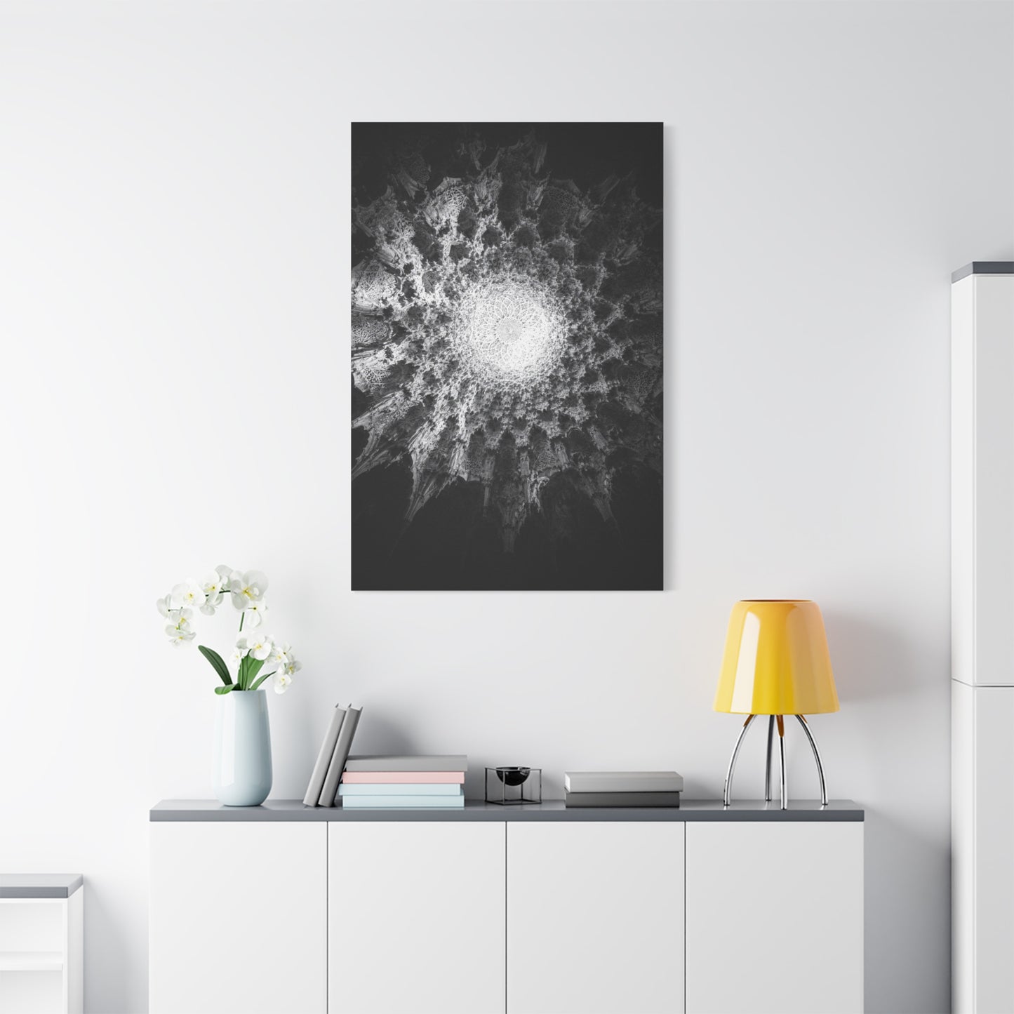 Abstract Black White Canvas Wall Art - Monochrome Fractal Mandala Design, Architectural Spiral Light - Matte Cotton Art Print - Contemporary Decor For Living Room, Bedroom, Office Accent