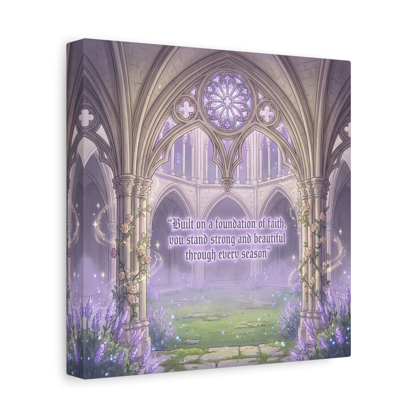 "Built On A Foundation Of Faith, You Stand Strong And Beautiful Through Every Season" Canvas Wall Art - Gothic Cathedral Arch Quote Print - Lavender Floral Decor For Bedroom Living Room