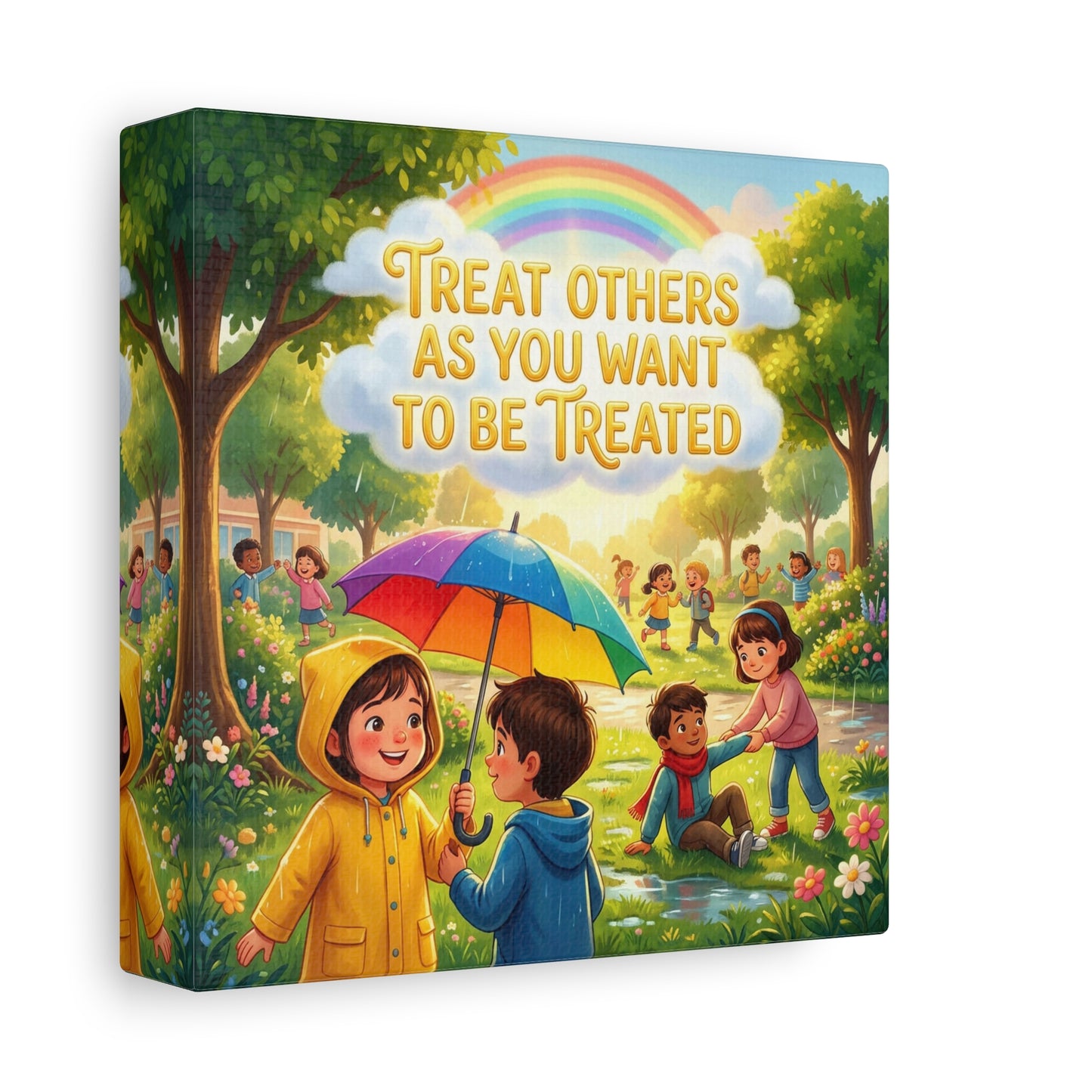 "Treat Others As You Want To Be Treated" Kids Canvas Wall Art - Rainbow Umbrella Kindness Quote Print - Colorful Classroom Decor - Nursery Playroom Bedroom Home Decoration - Bohemian Wall Hanging