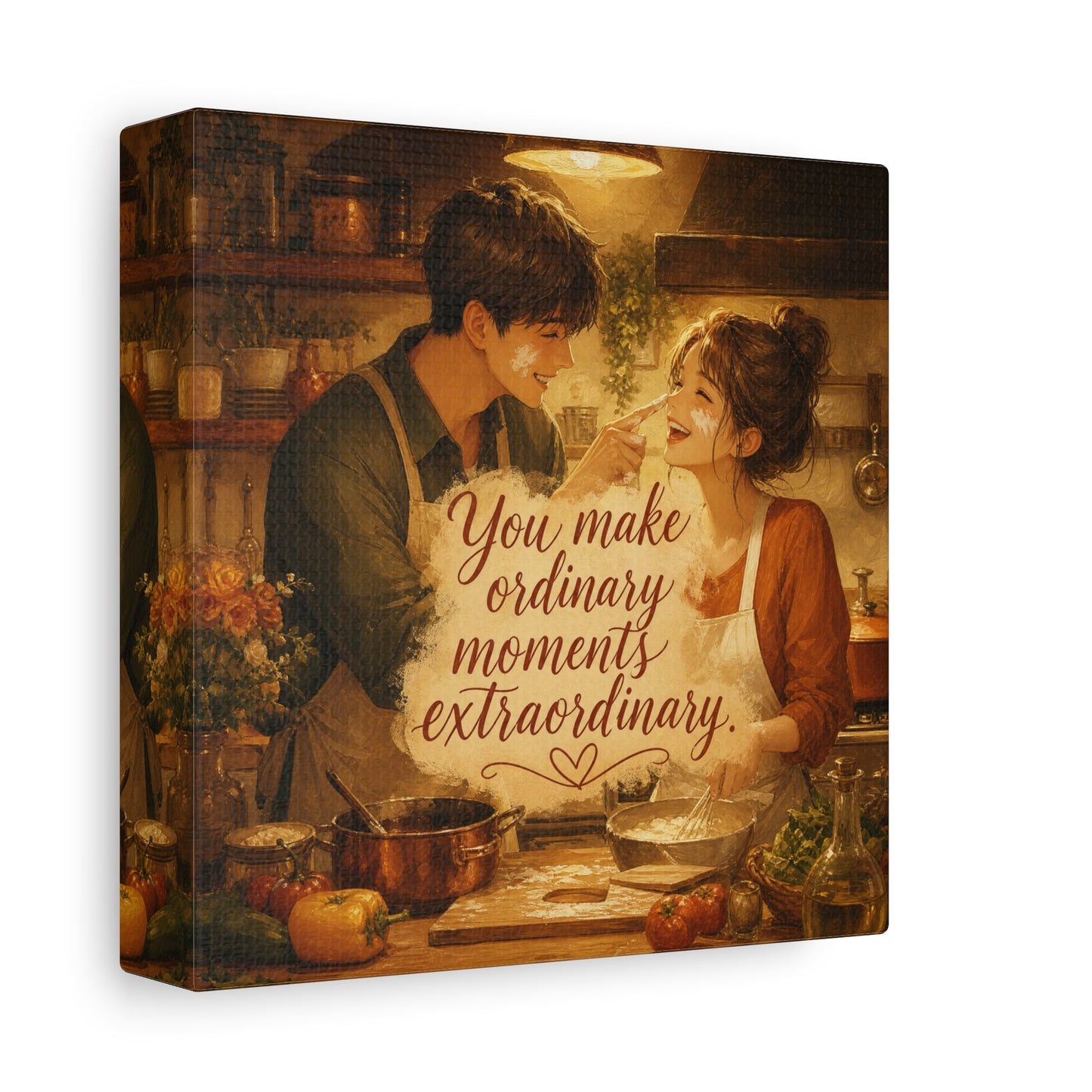 "You Make Ordinary Moments Extraordinary" Couple Canvas Wall Art - Romantic Kitchen Scene, Warm Vintage Illustration Print - Cozy Living Room Decor, Farmhouse Home Accent - Living Room Wall Decor