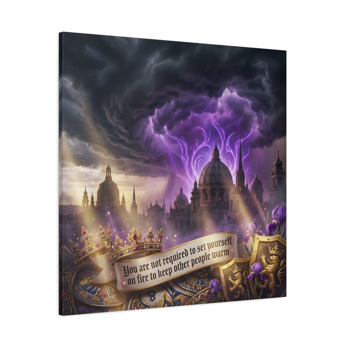 "You Are Not Required To Set Yourself On Fire" Canvas Wall Art - Gothic Castle Quote Decor, Purple Storm Sky, Crown And Iris Fantasy Print - Bedroom Home Decoration, Living Room Accent - Ready to Hang