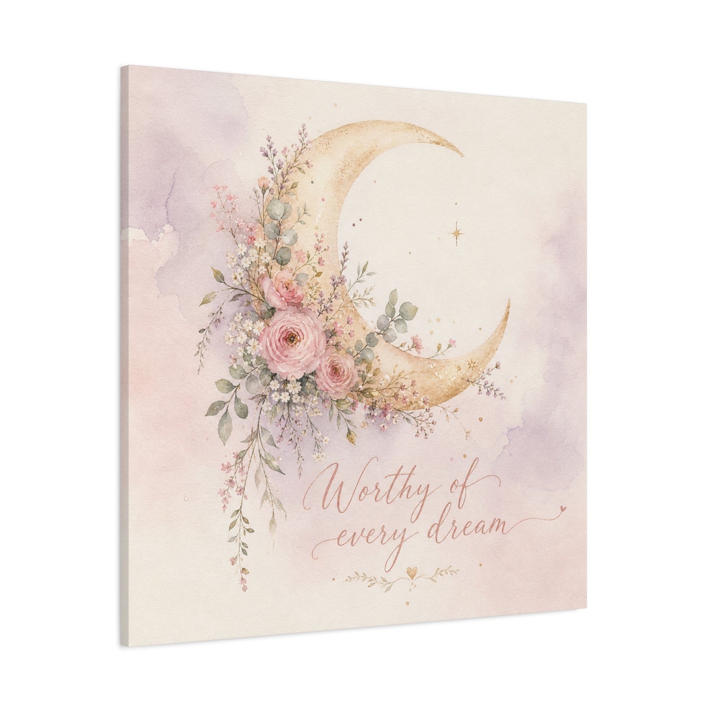 "Worthy Of Every Dream" Moon Canvas Wall Art - Floral Crescent, Inspirational Blush Gold Watercolor - Bohemian Bedroom Wall Decor - Nursery Home Decoration - Bedroom Home Decoration - Ready to Hang