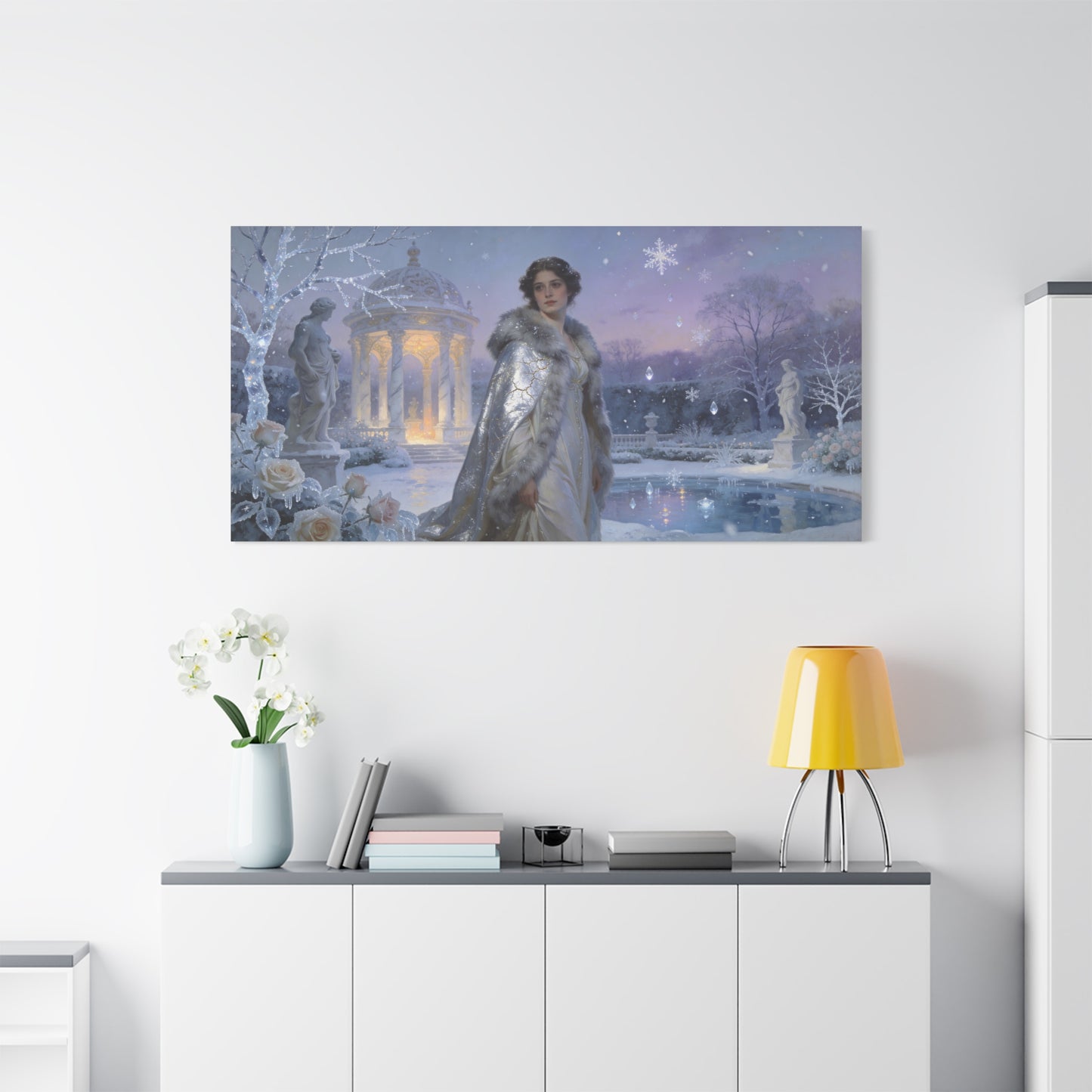 Winter Garden Woman Canvas Wall Art - Snowy Pavilion, Frosted Roses, Classical Statues - Ethereal Traditional Painting - Bedroom Wall Decor, Living Room Home Accent - Bedroom Home Decoration